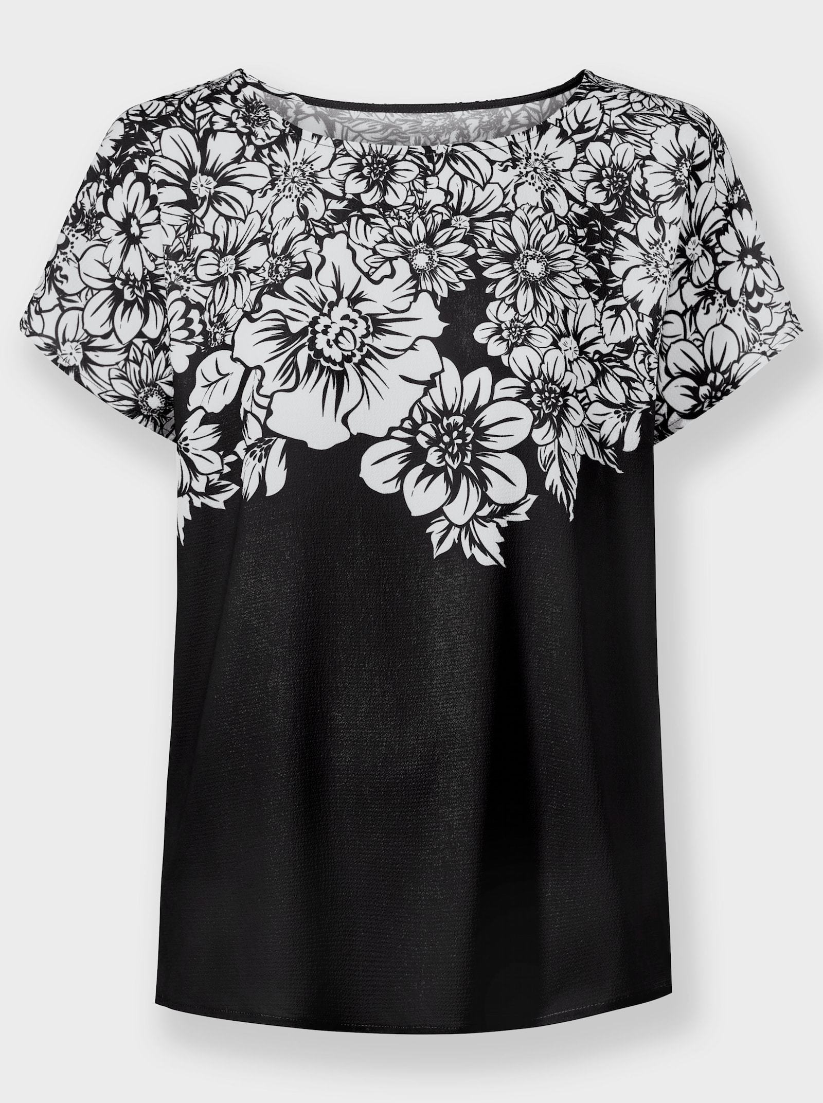 Schlupfbluse mit Blüten-Druck - schwarz-weiss-bedruckt