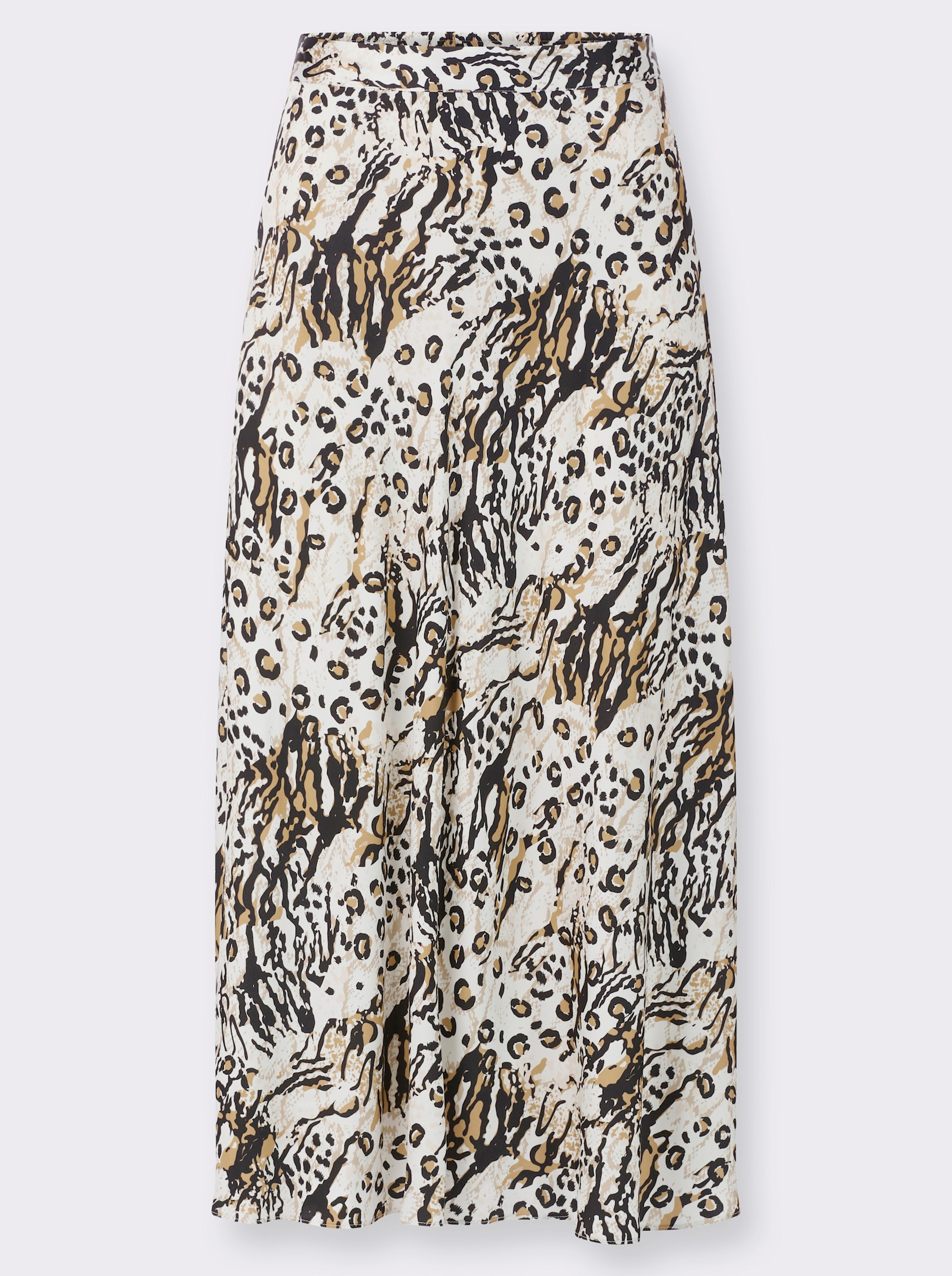 Satijnen rok met comfortband achter, licht uitlopend - ecru/zwart geprint