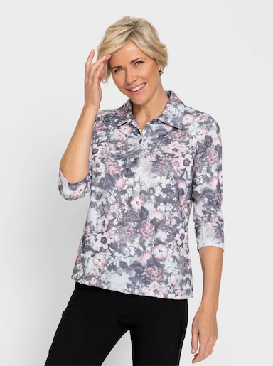 Poloshirt mit Blumendruck - ecru-altrosa-bedruckt