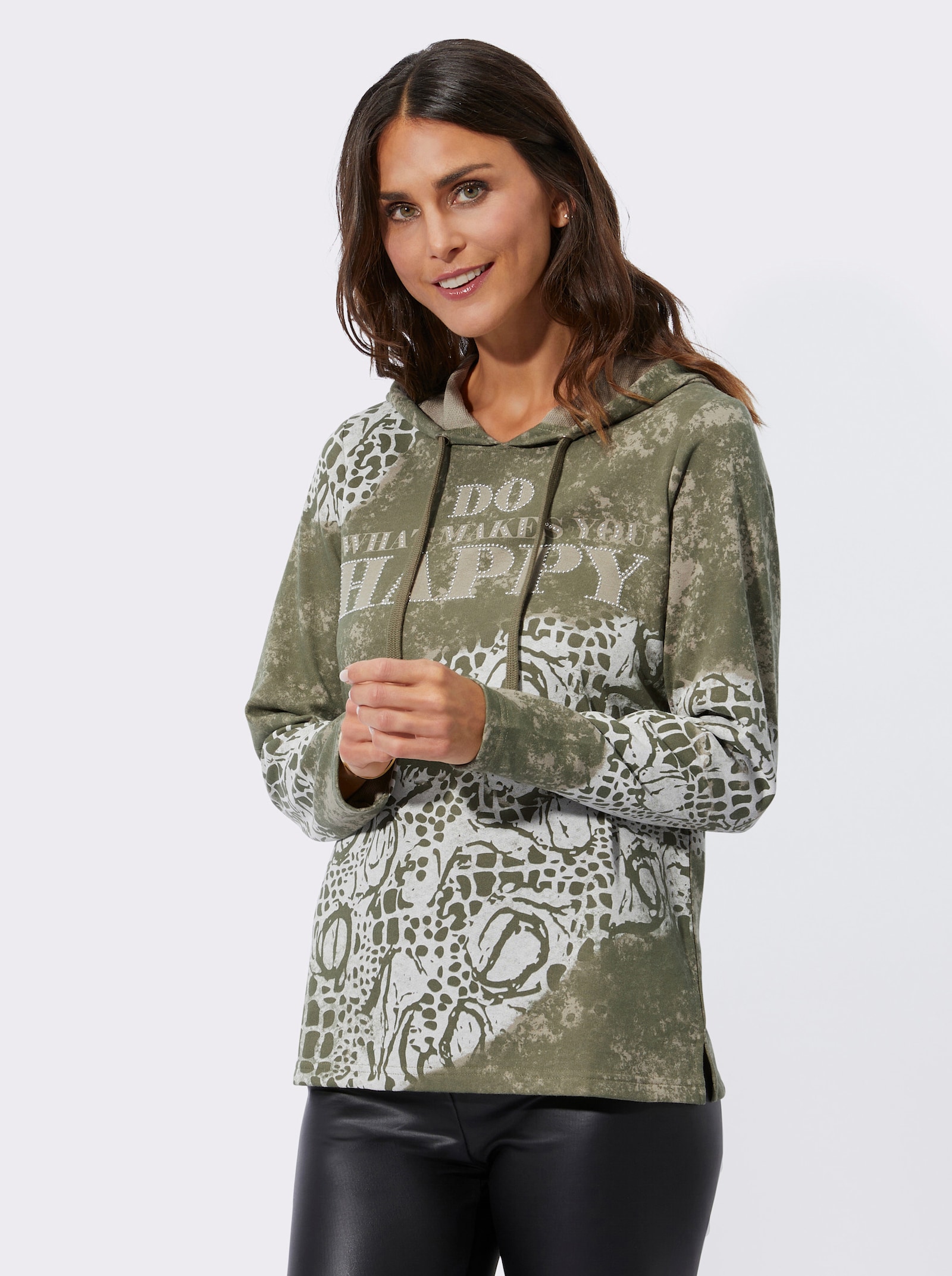  Sweatshirt mit Print und Glitzersteinchen - khaki-ecru-bedruckt