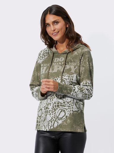 Sweatshirt mit Print und Glitzersteinchen - khaki-ecru-bedruckt