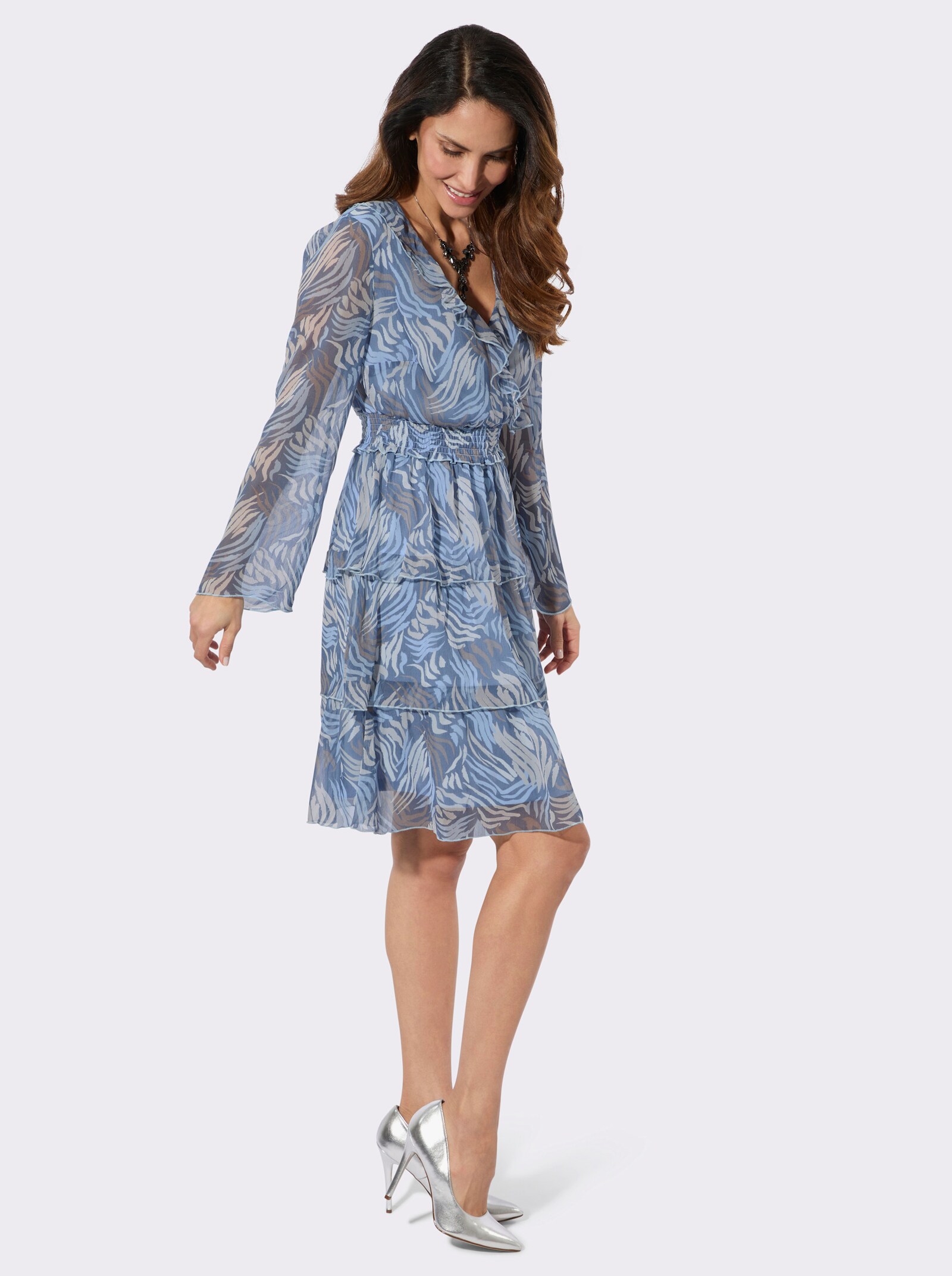 Webkleid in Stufenform - grau-eisblau-bedruckt