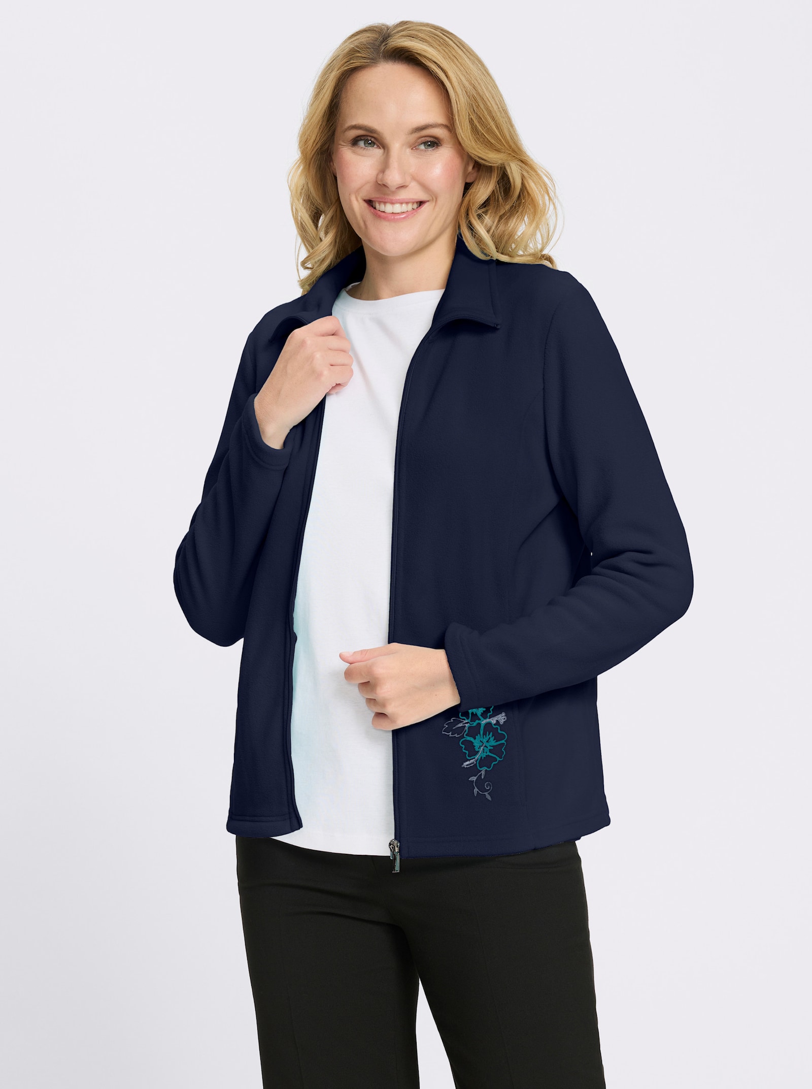 Fleecejacke mit Blütenstickerei - marine
