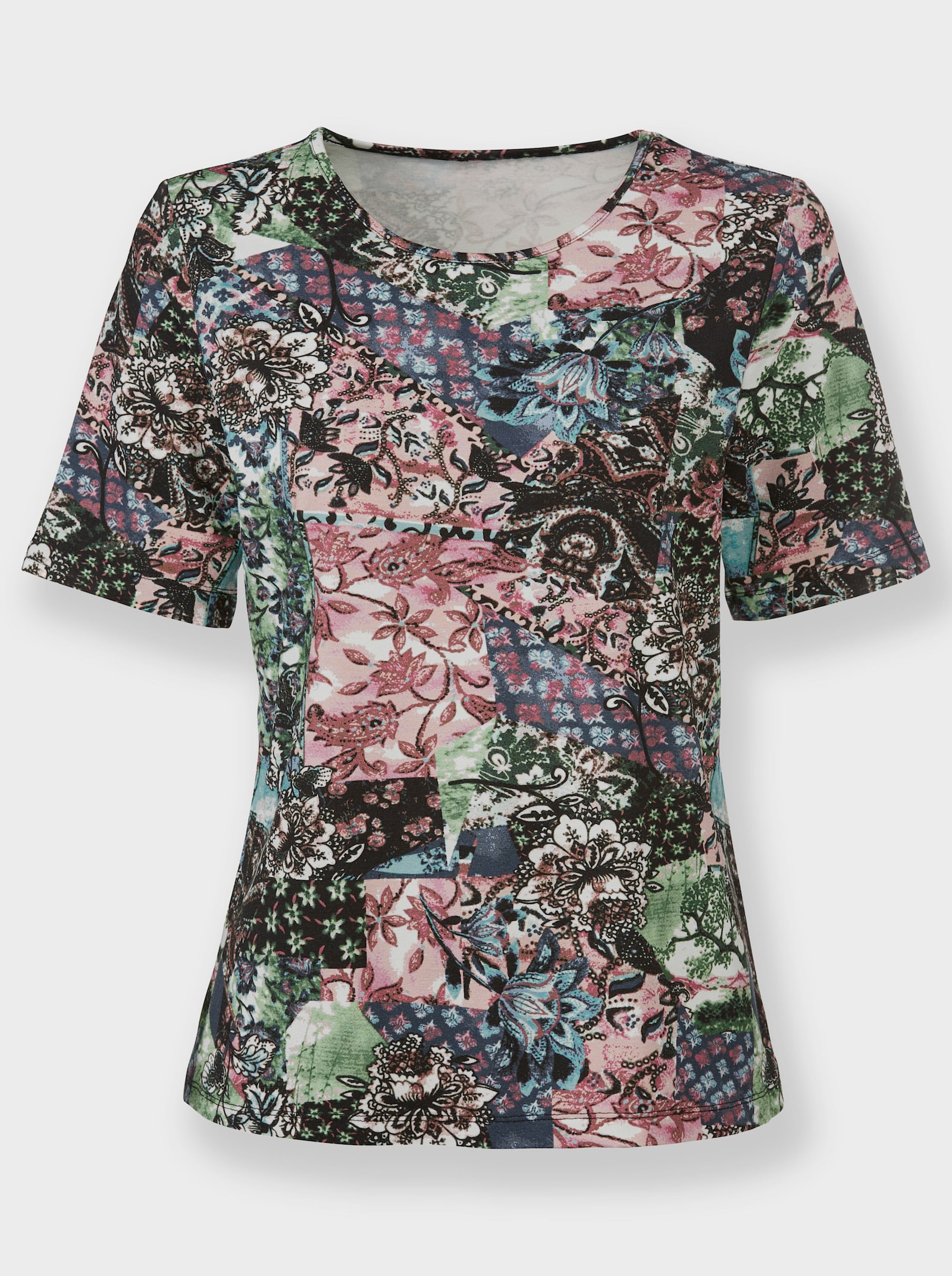 Rundhalsshirt in schimmernder Viskose-Qualität - schwarz-orchidee-bedruckt