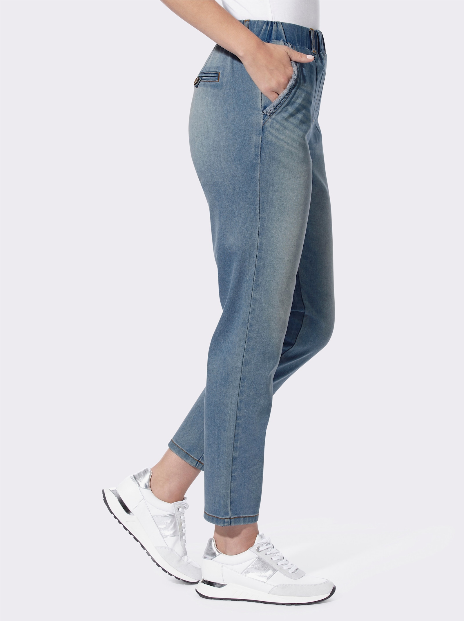 heine Stretch-Jeans mit Fransen an den Taschen - blue-bleached