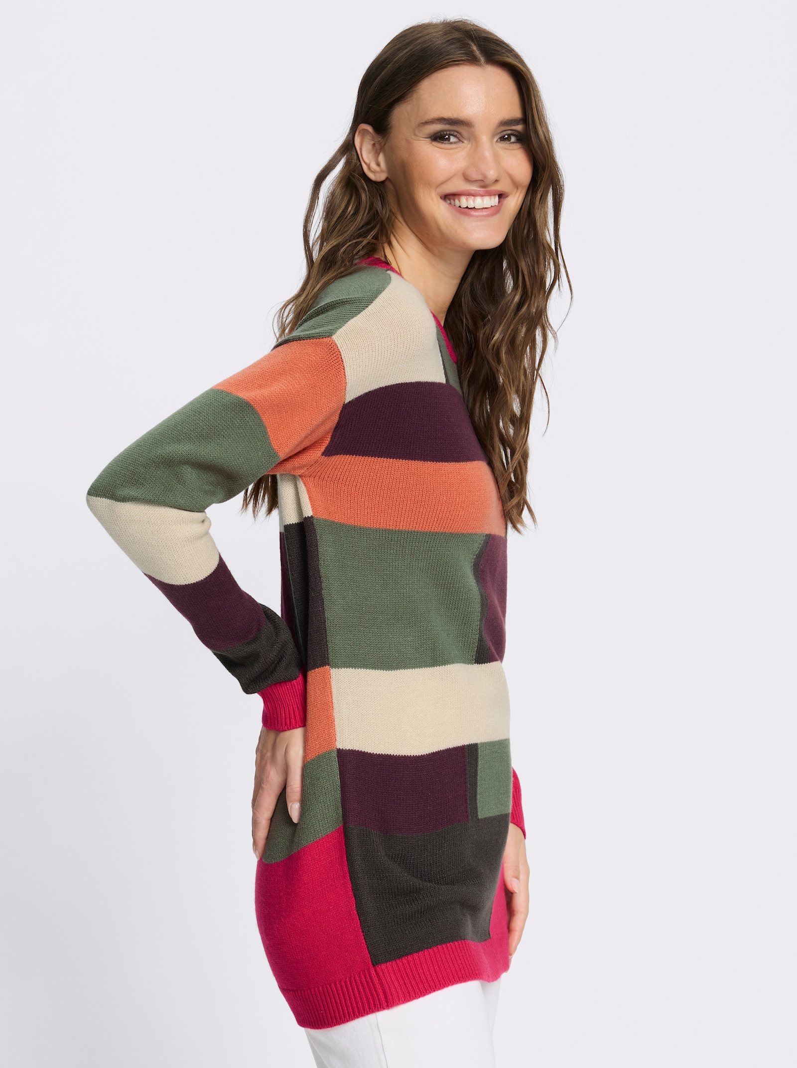Longpullover mit Colour Blocking-Muster - khaki-pink-gemustert