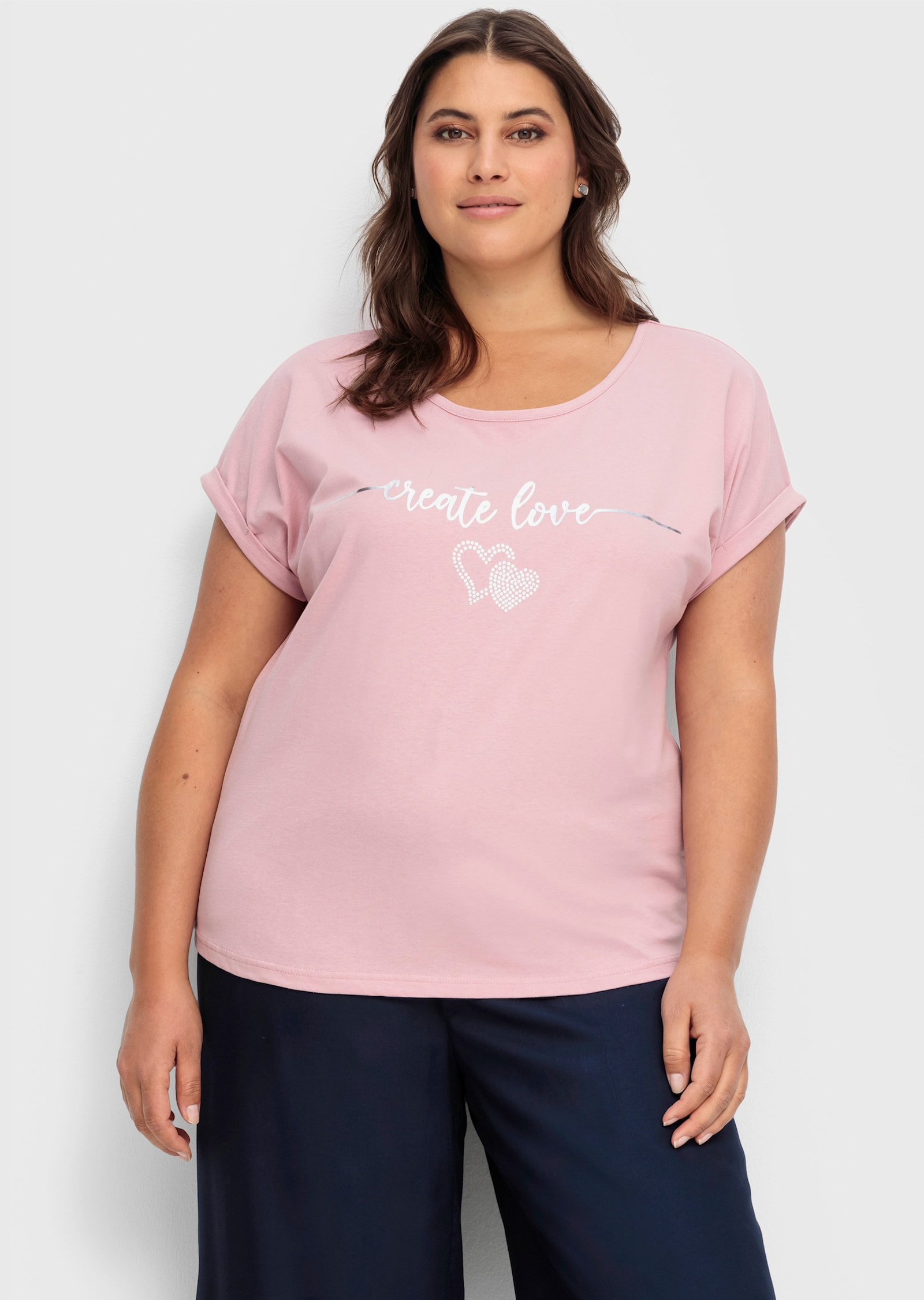 Rundhalsshirt mit Ärmel-Aufschlag - hortensie