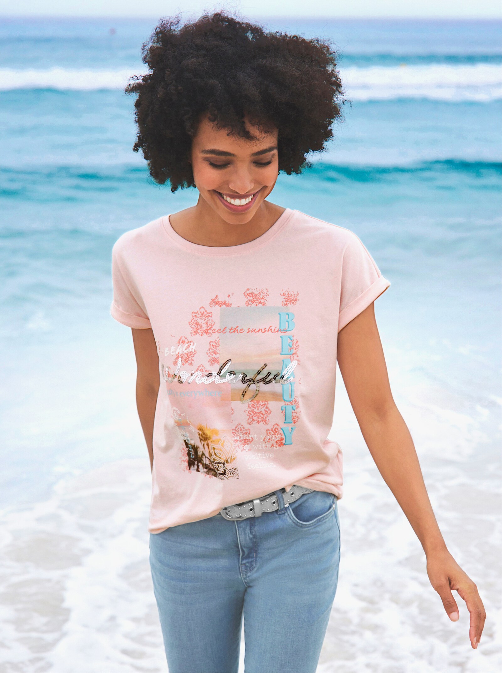 heine Shirt met print en pailletten - lichtroze