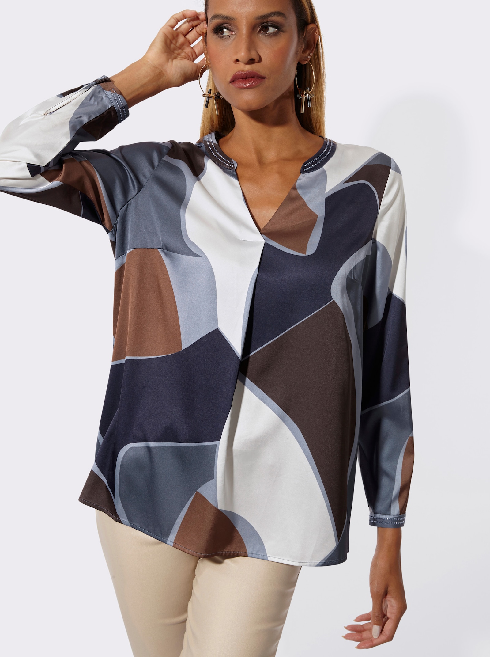 Langarm-Bluse in Satin-Qualität - rauchblau-champagner-bedruckt