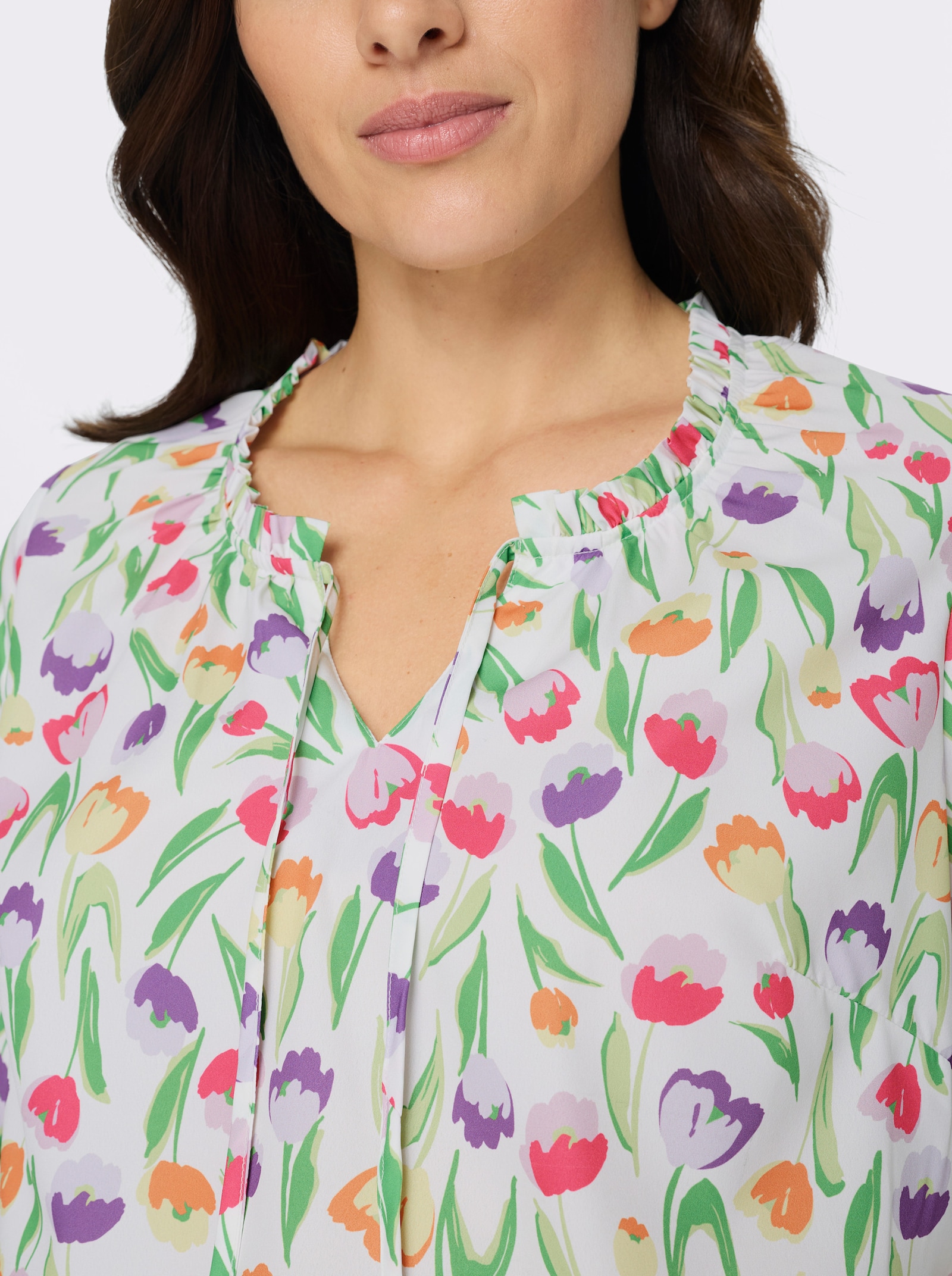 Schlupfbluse mit Tulpen-Druck - ecru-rosé-bedruckt