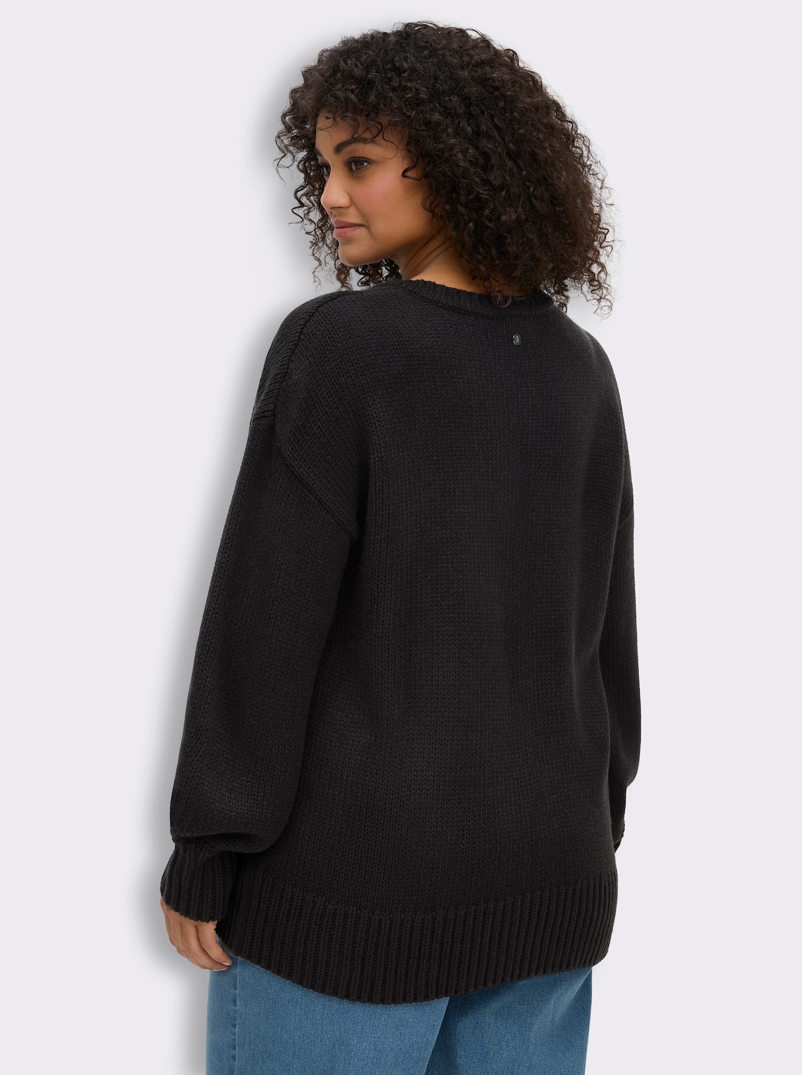 sheego V-Ausschnitt-Pullover mit Blumen-Kordelstickereien - schwarz