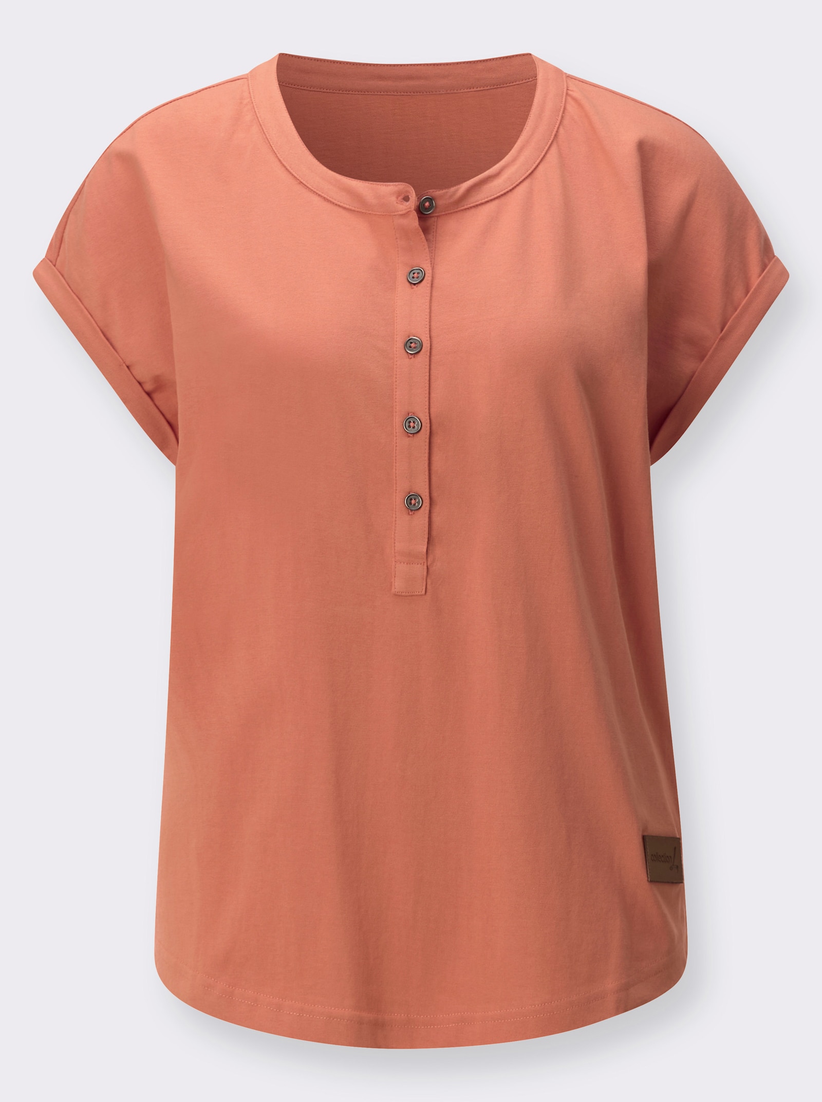 Rundhalsshirt mit Knopfleiste - papaya