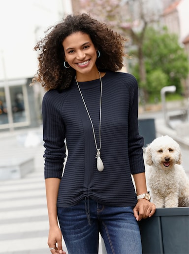 Langarm-Pullover mit Raffung am Saum - marine