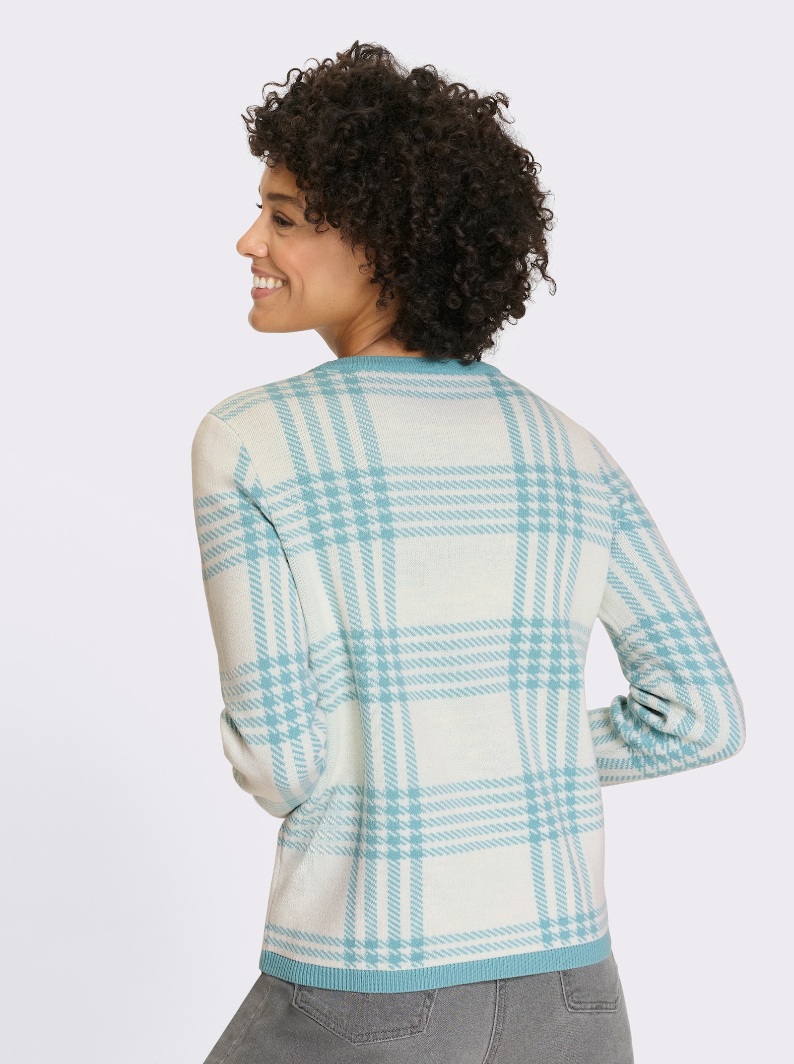 Pulóver, okr. výstrih, vzor káro-žakár - oceán-ekru. vzor.