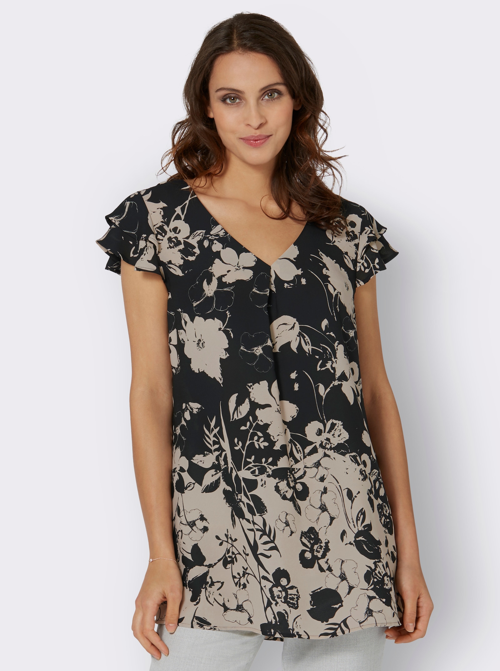 Druckbluse mit kurzem Volantärmel - schwarz-elfenbein-bedruckt