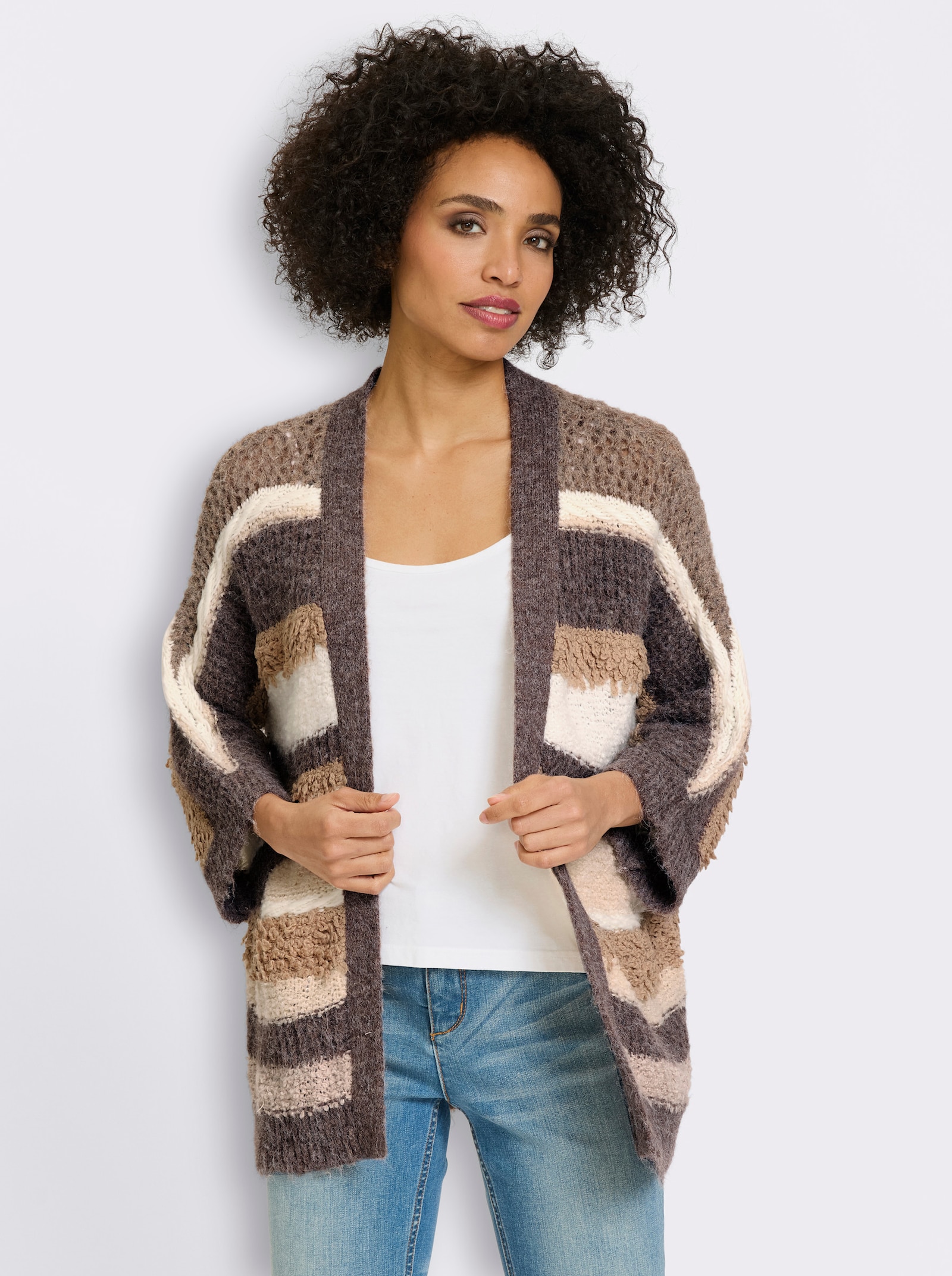 heine Cardigan van ajourtricot - donkertaupe/ecru gestreept