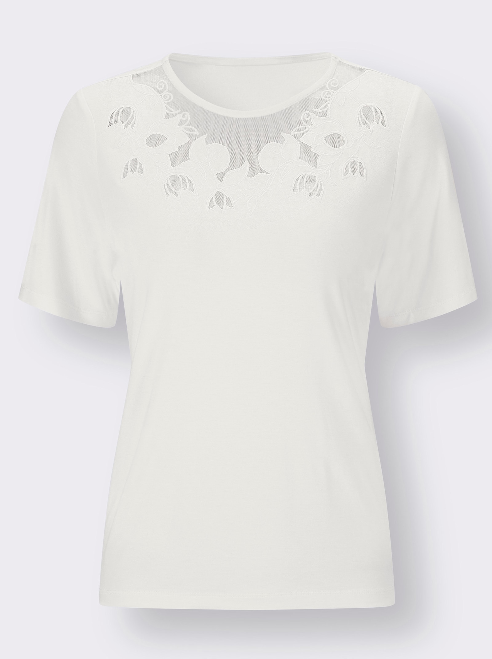 Rundhalsshirt mit floral gestaltetem Netzeinsatz - weiß