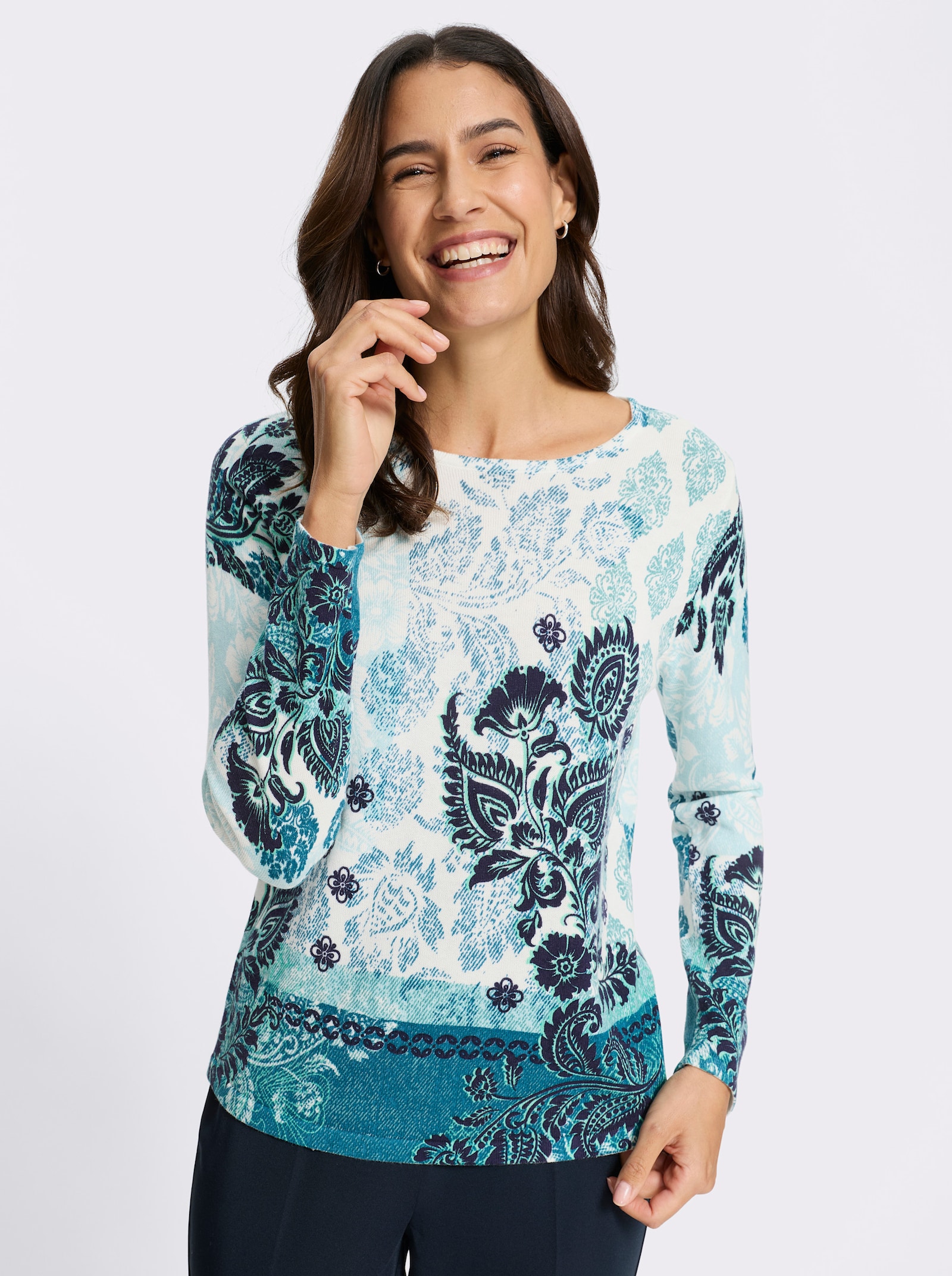 Feinstrickpullover mit platziertem Druck allover - ecru-ozean-bedruckt