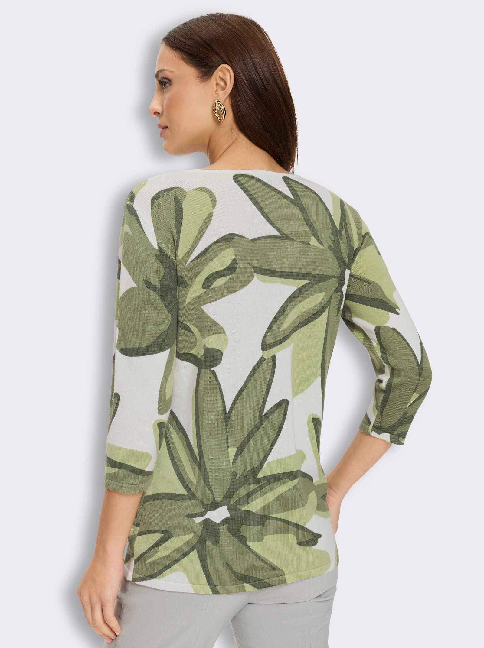 3/4-Arm-Pullover mit Glitzersteinchen - weiß-schilf-bedruckt