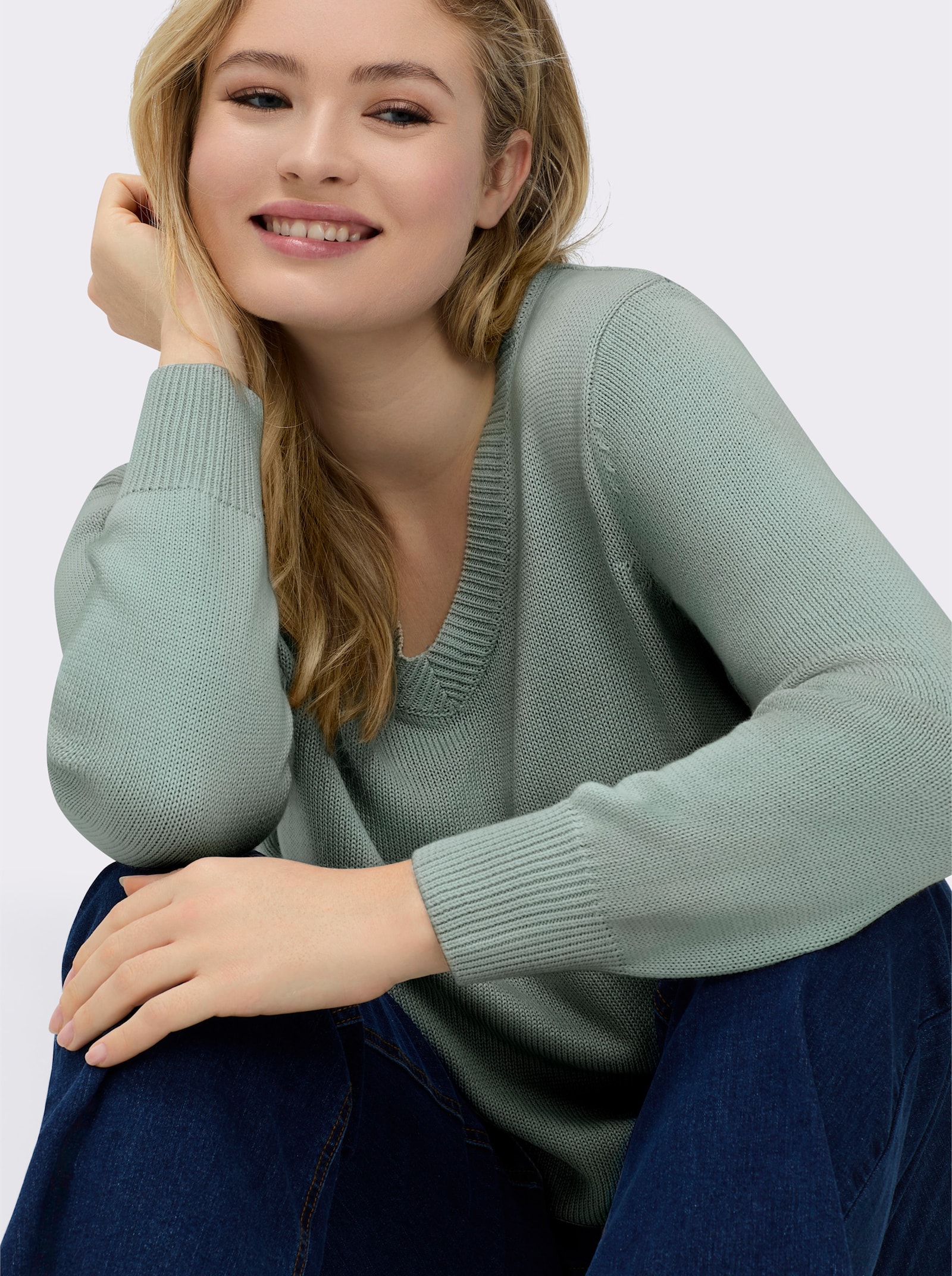 V-Ausschnitt-Pullover mit Baumwolle - kalkmint