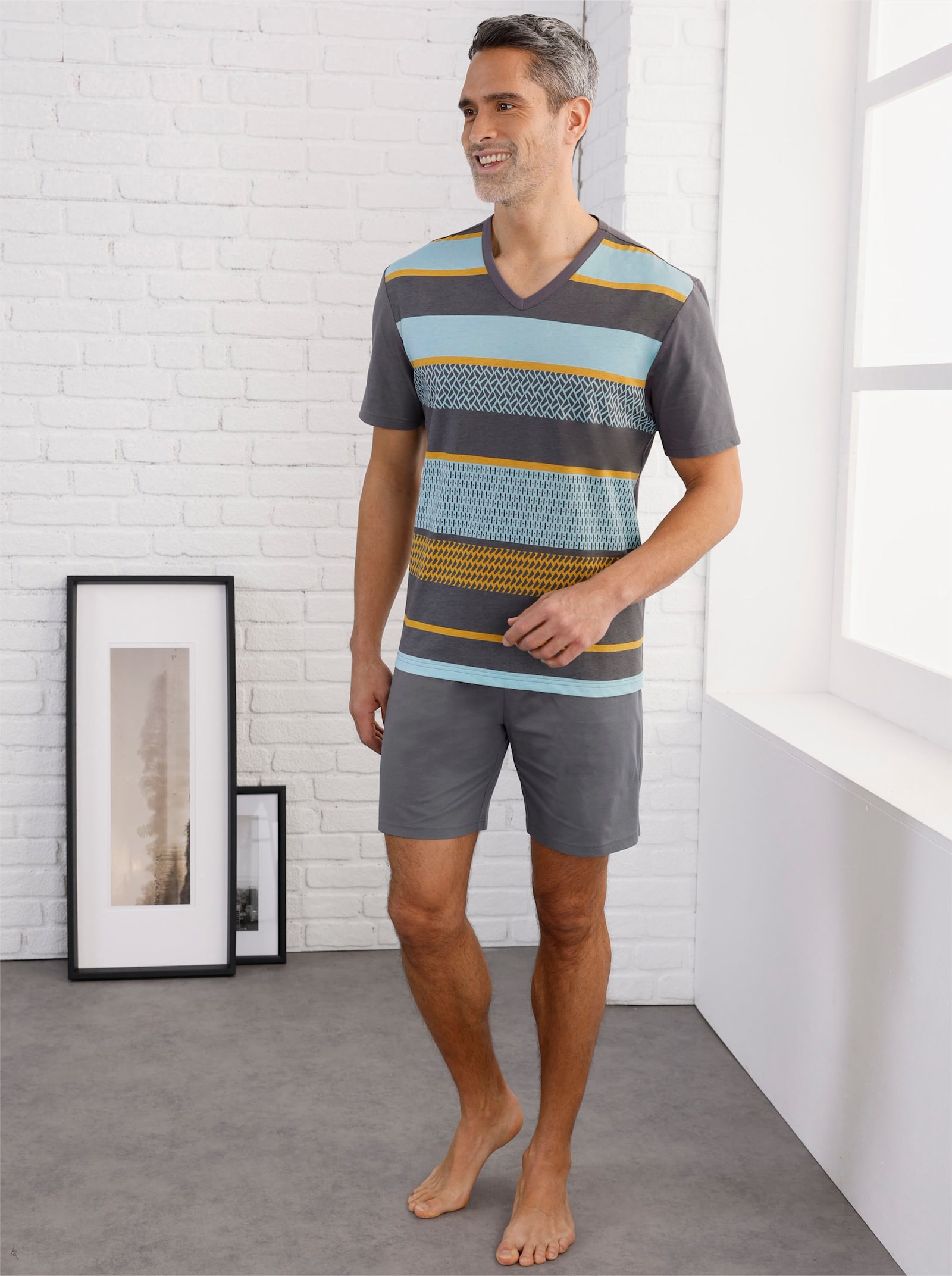 Krátké pyžamo - antracitová-akvamarínová-okrová