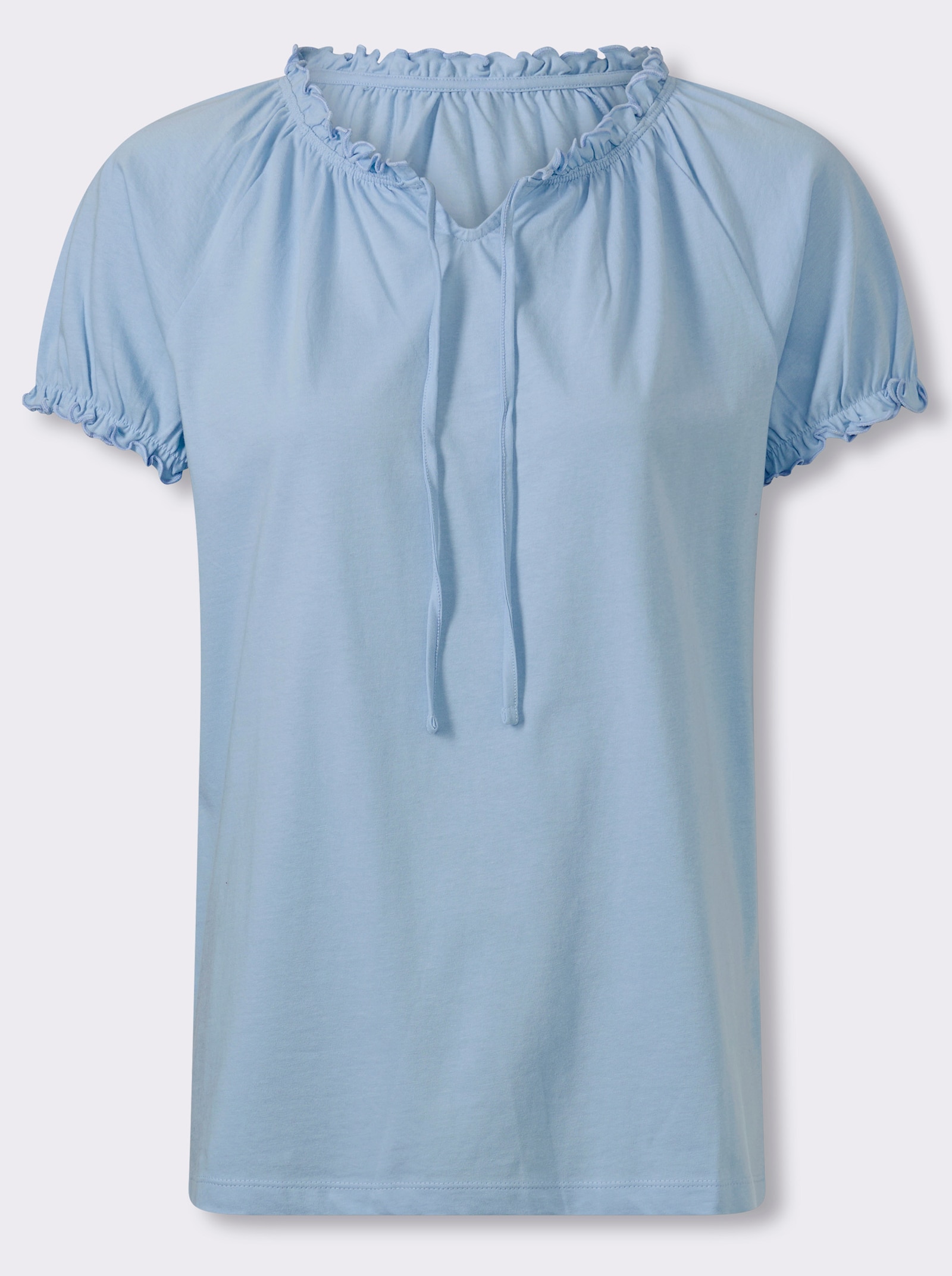Trachtenshirt mit Rüschen und Bindeband - eisblau