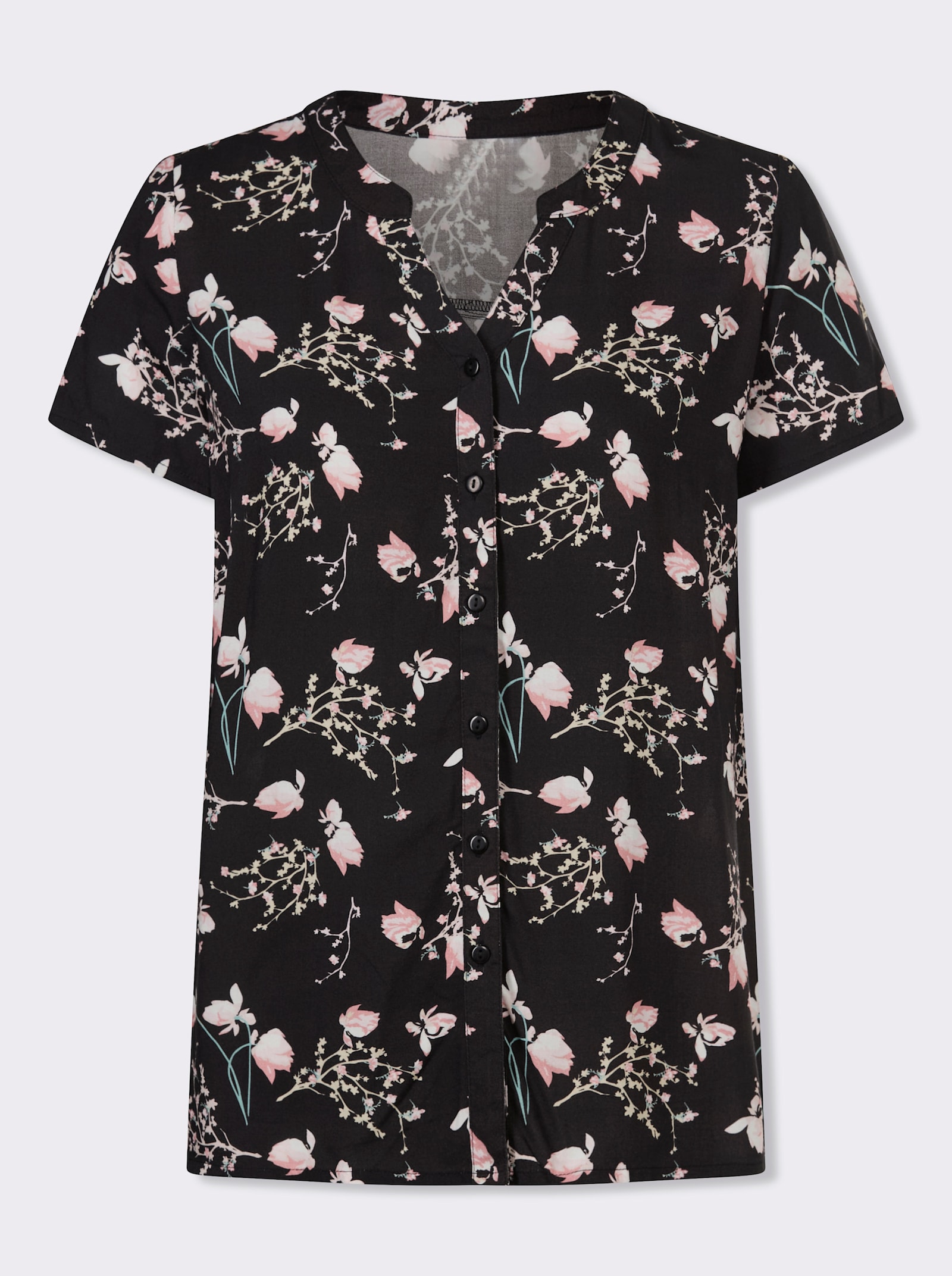 Navlékací halenka s květinovým vzorem - černá-plameňáková-potisk