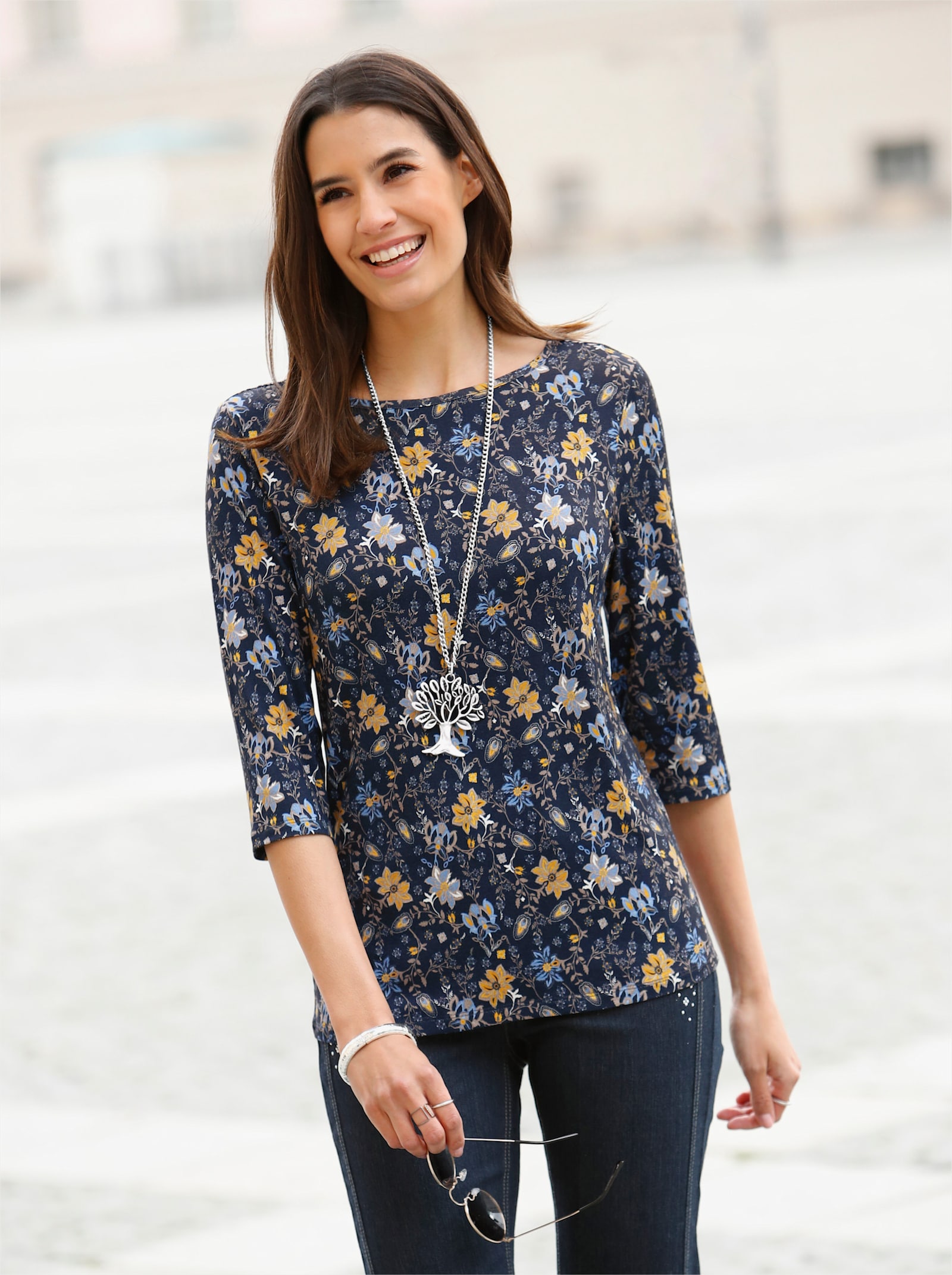 Print-Shirt mit U-Boot-Ausschnitt - marine-ocker-bedruckt