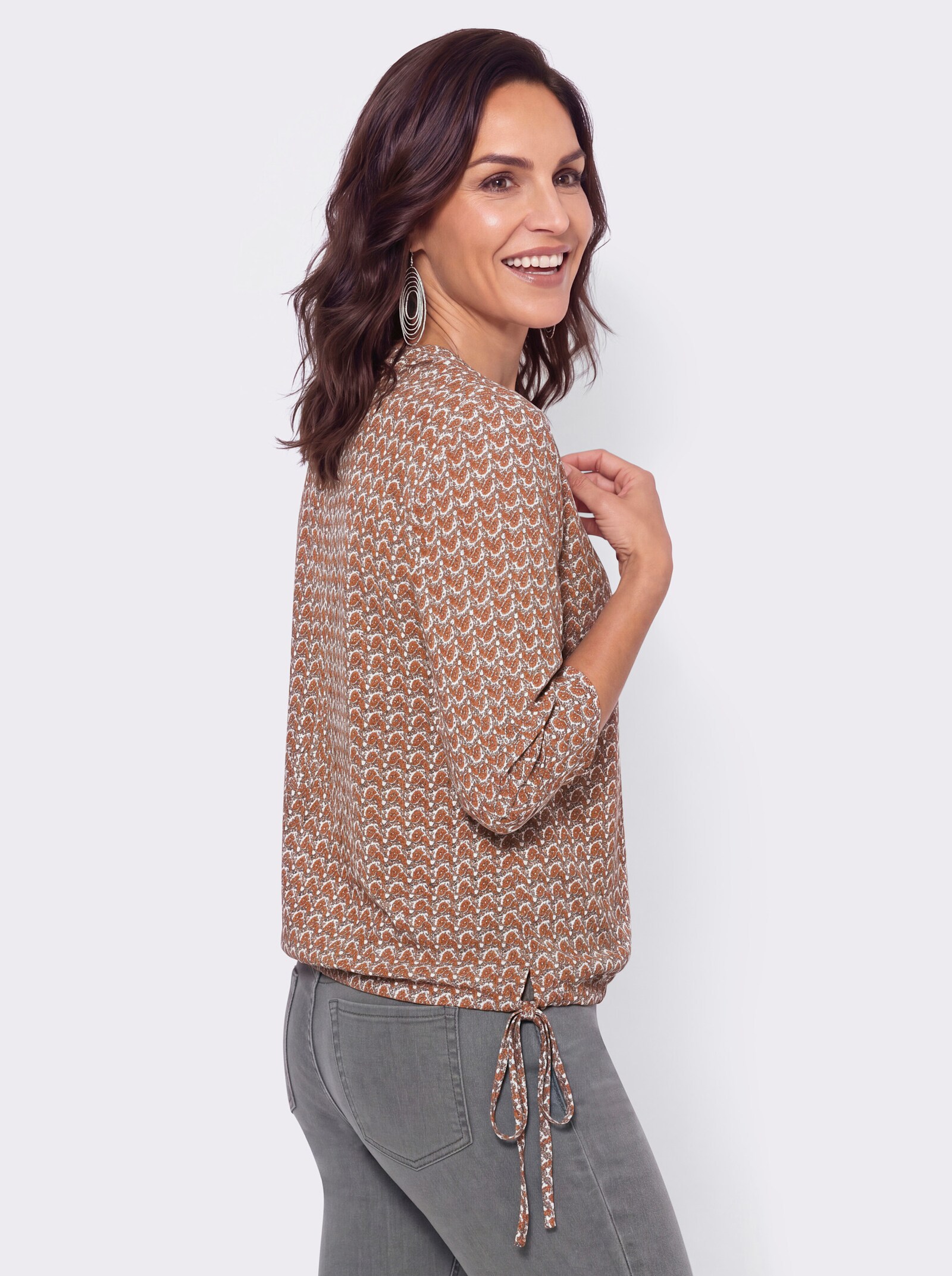 3/4-Arm-Shirt mit Gummizug am Ärmel - ecru-cognac-gemustert