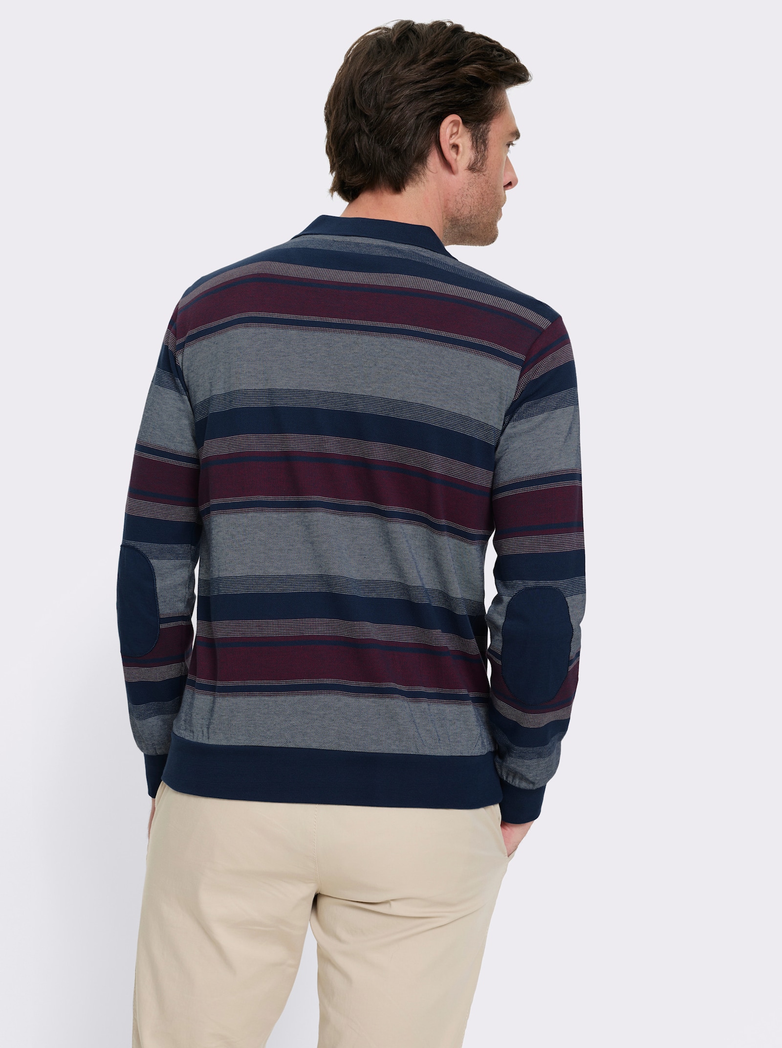Marco Donati Langarm-Poloshirt mit Ellenbogen-Patches - dunkelblau-bordeaux-gestreift