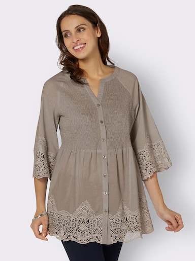 Spitzenbluse mit Smok-Einsatz - sesam