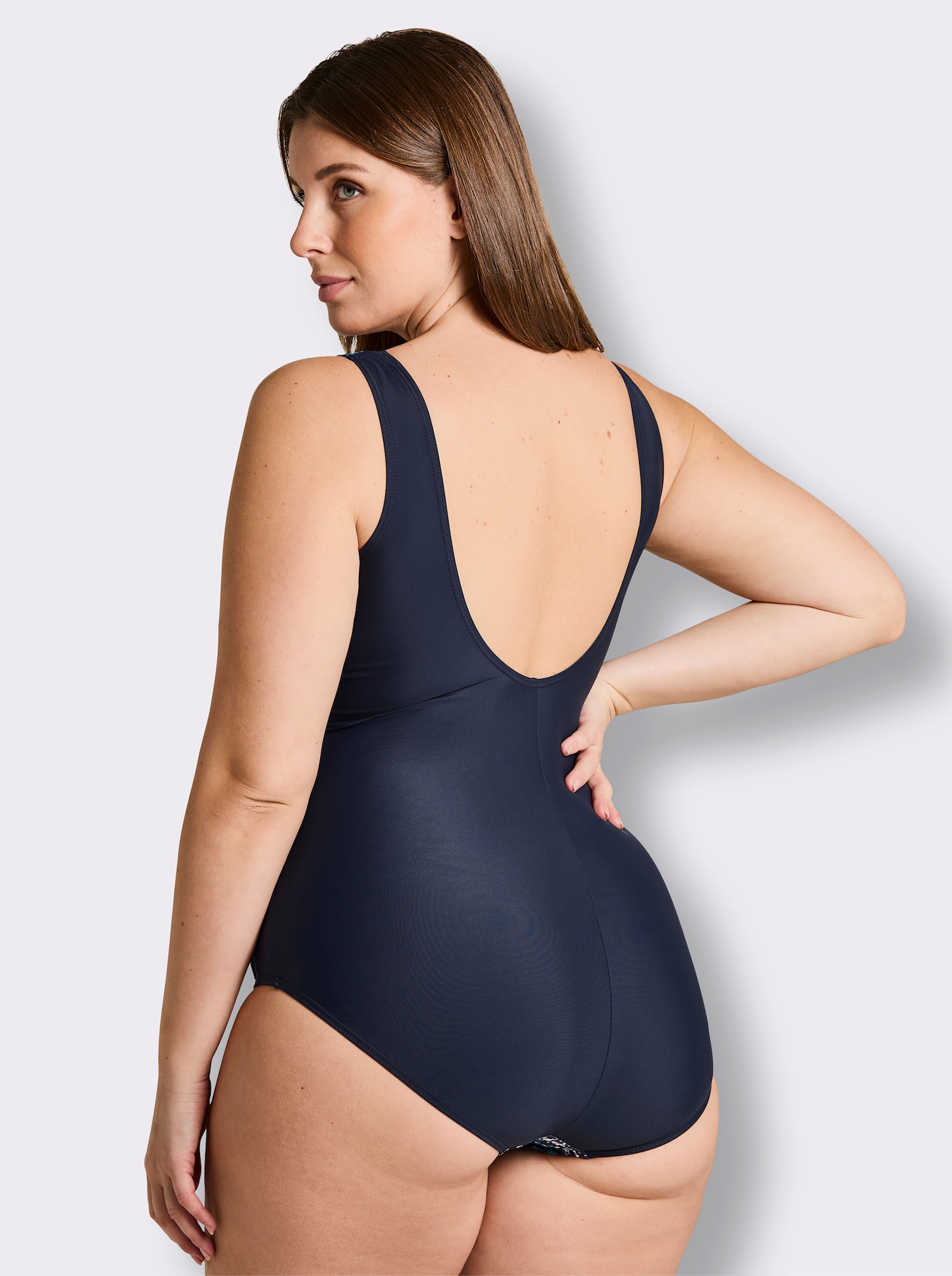 Badeanzug mit Kontrastpaspel - marine-türkis-bedruckt