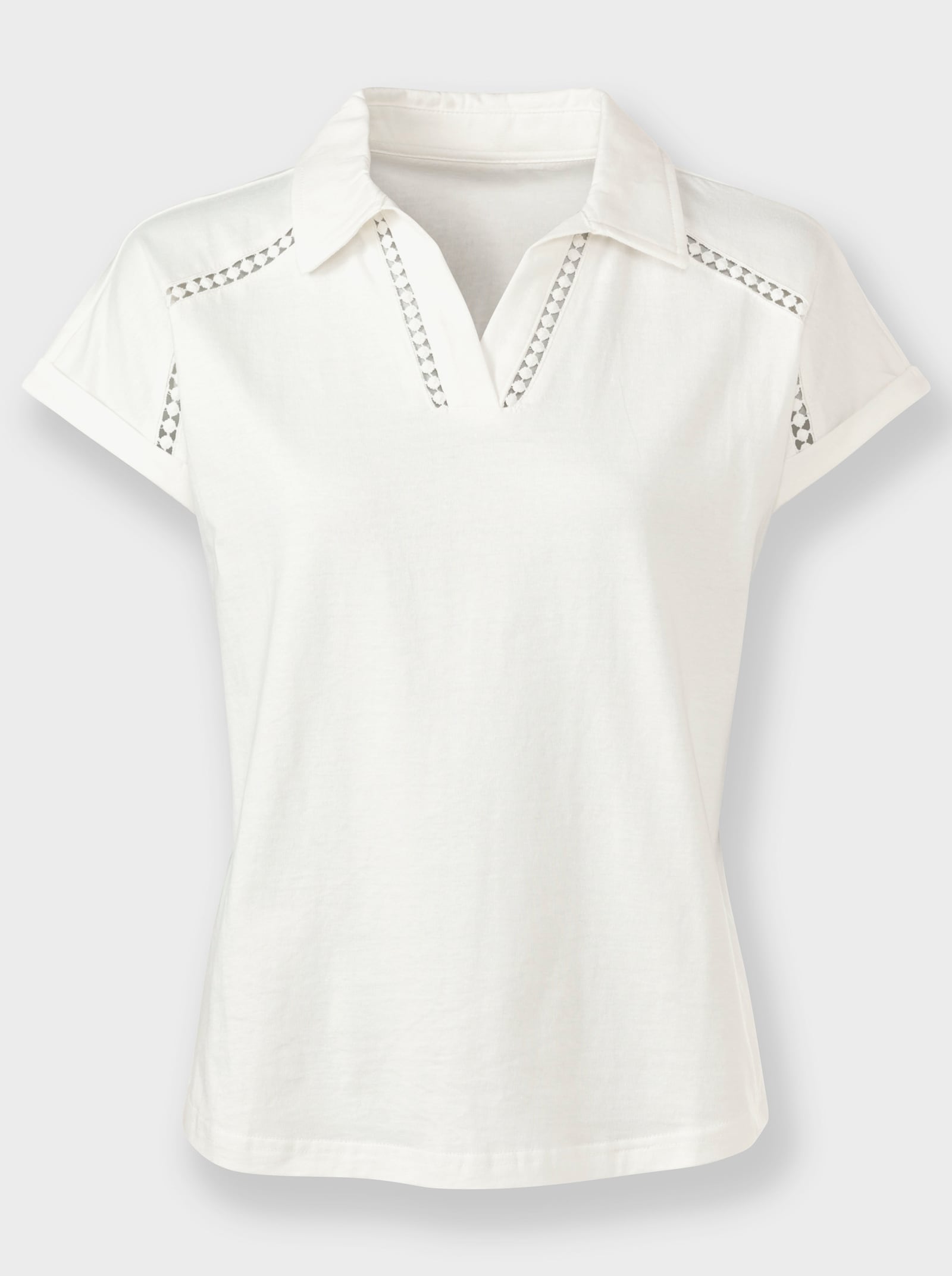 V-Shirt mit transparentem Spitzenband an der Schulter - ecru