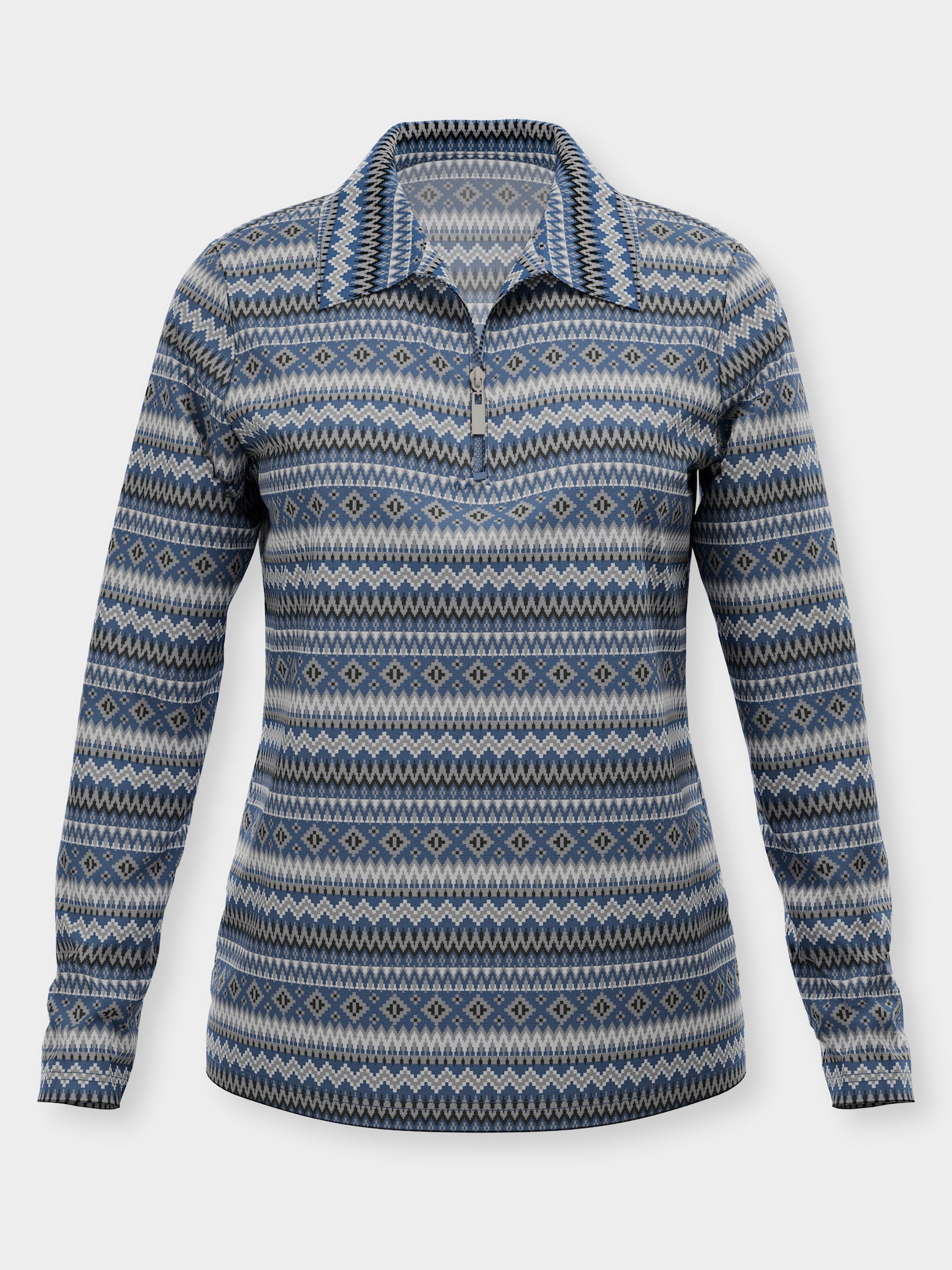 Langarmshirt mit Polokragen - jeansblau-ecru-bedruckt