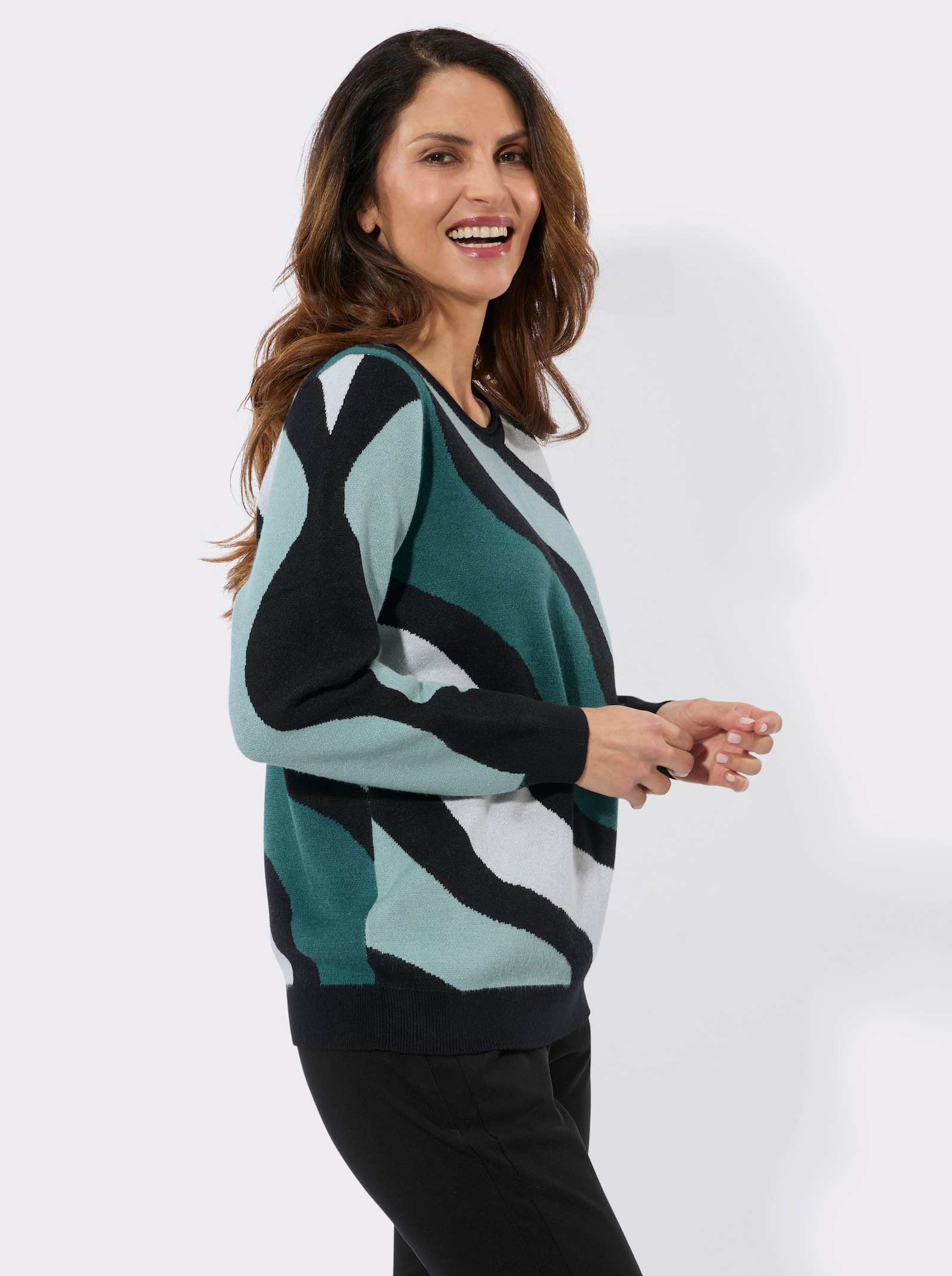 Jacquard-Pullover mit Wellenmuster - schwarz-jade-gemustert