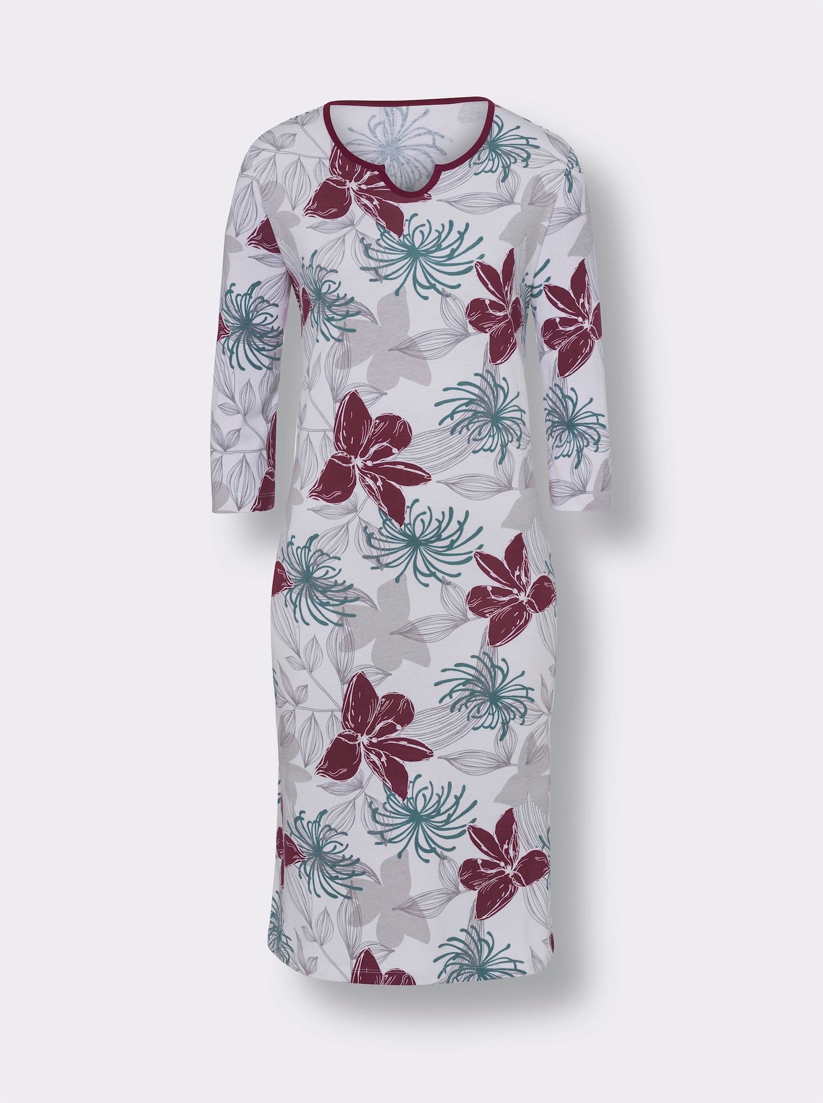 Nachthemd met afgeronde ronde hals - bordeaux/lichtgrijs bedrukt
