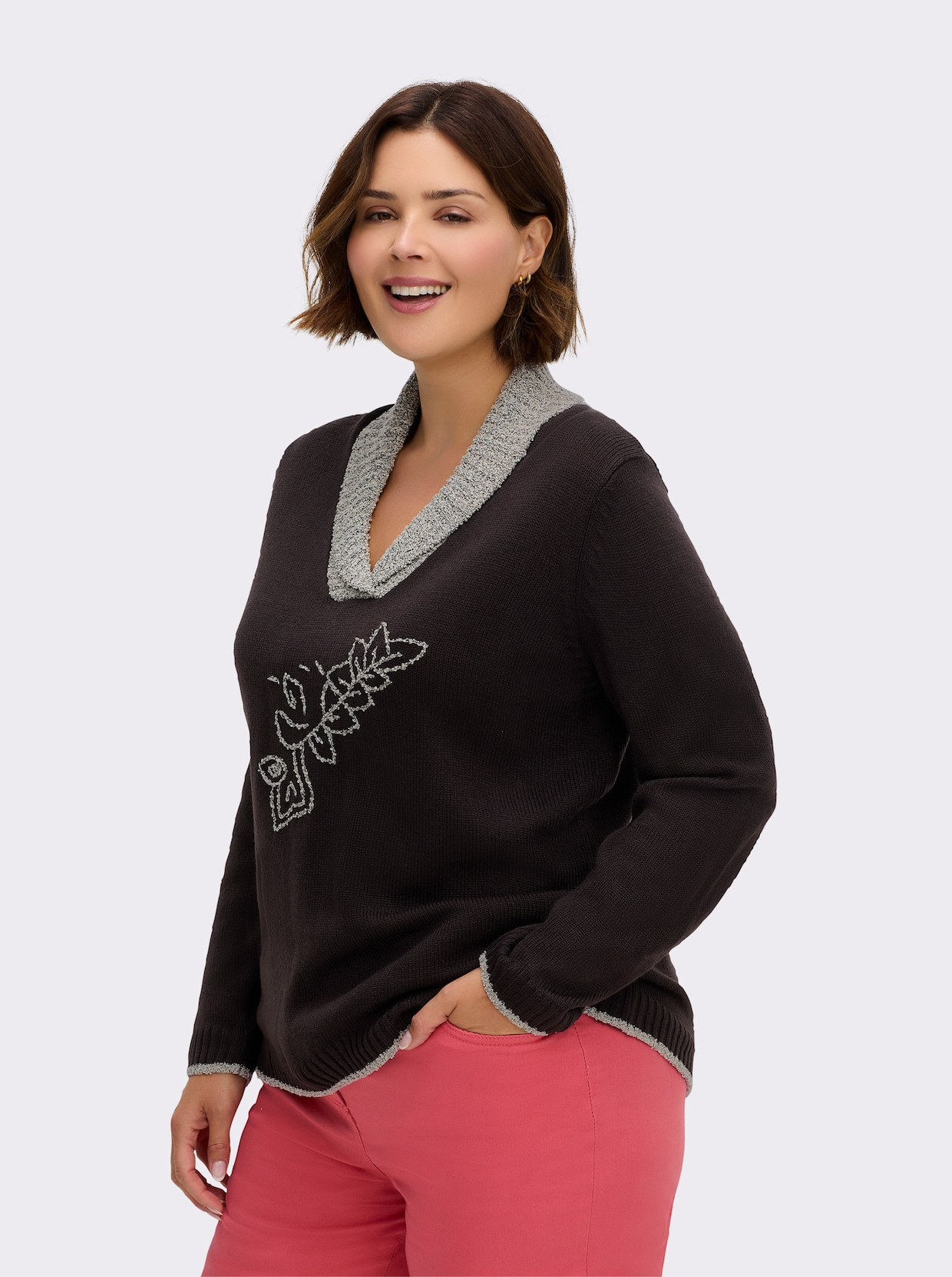 Strickpullover mit Blumen-Stickerei - anthrazit