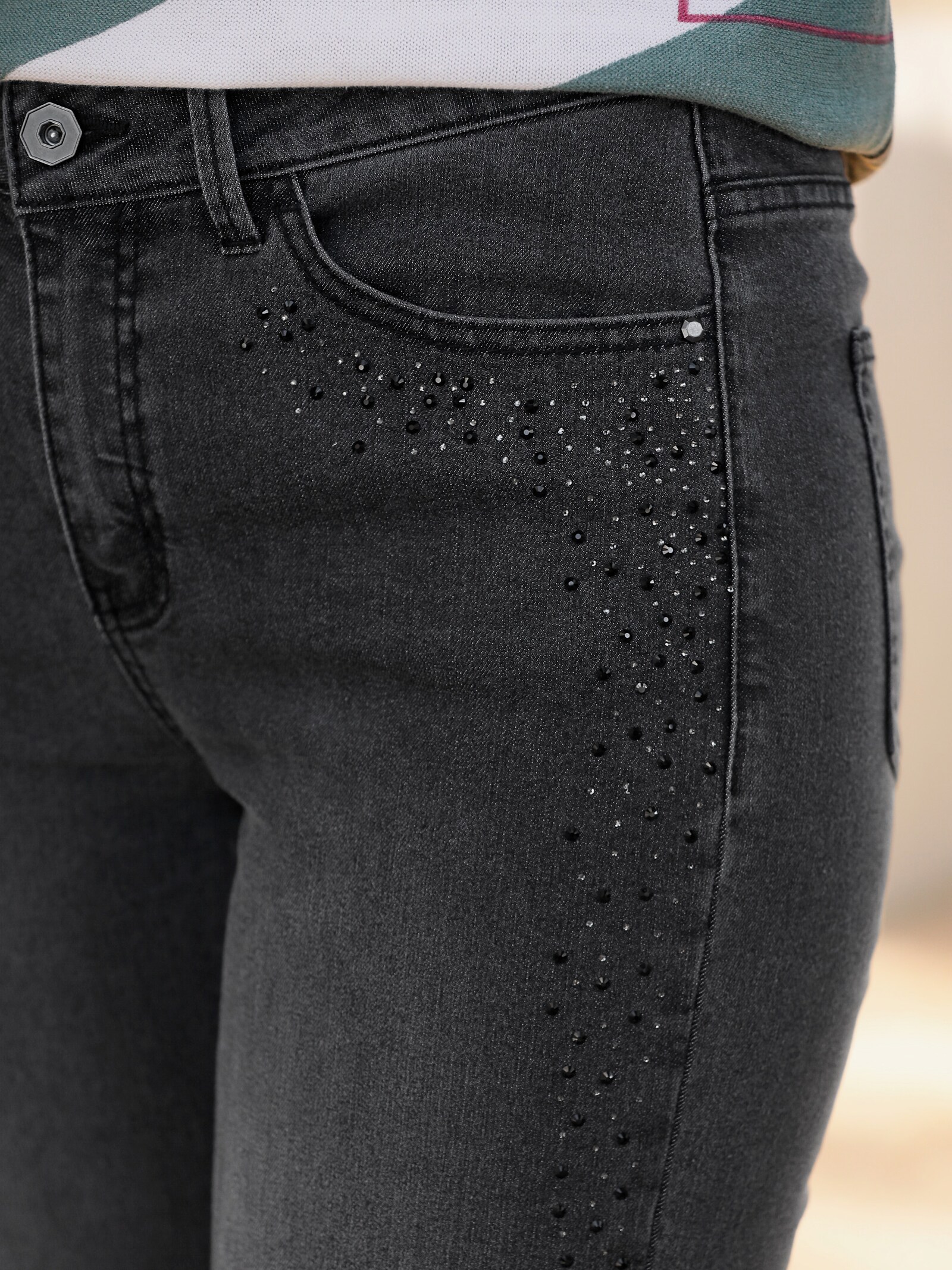 Jeans met glittersteentjes - grafiet denim