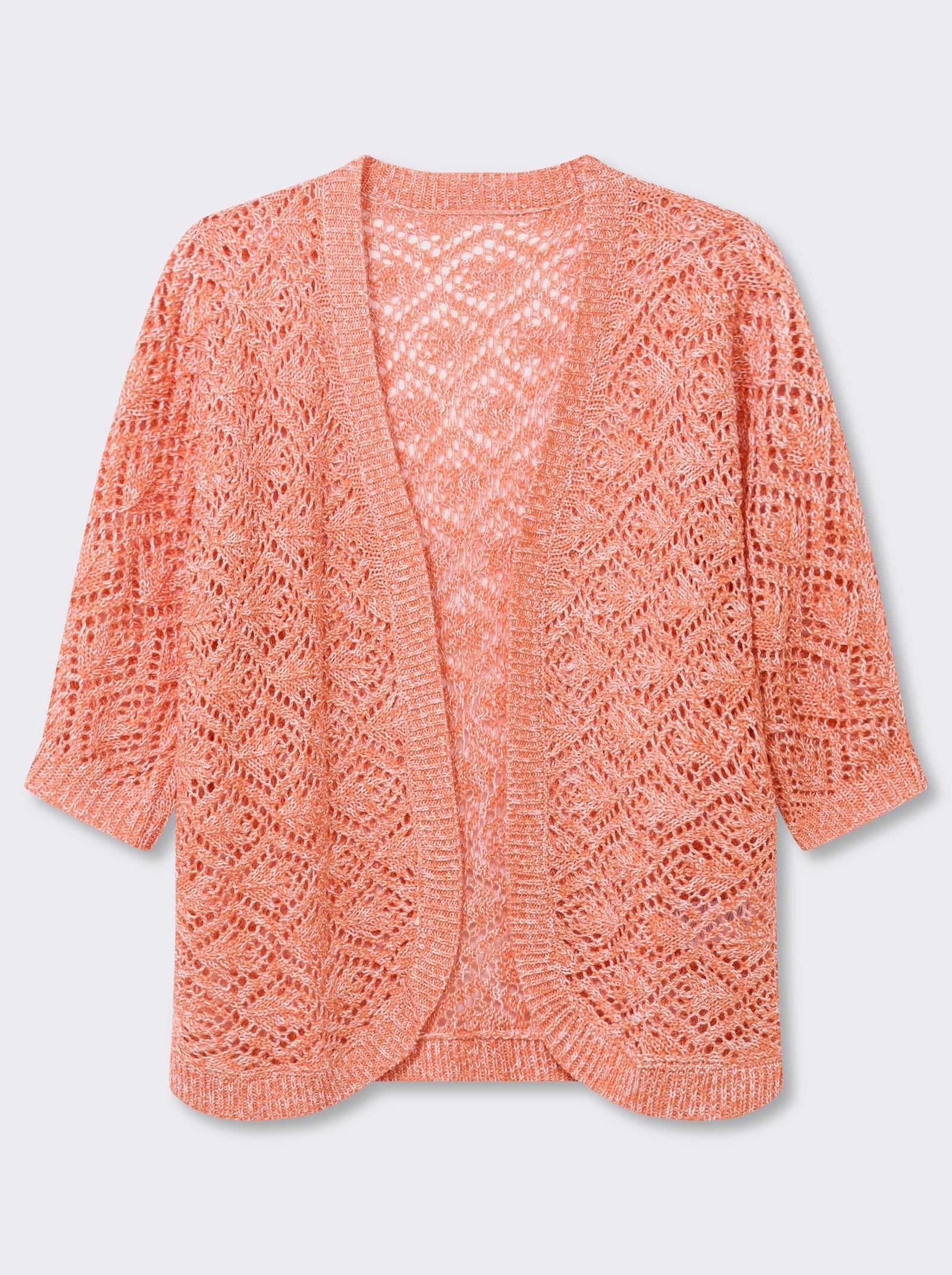 Ajourstrickjacke mit Fledermaus-Ärmeln - papaya-ecru-meliert