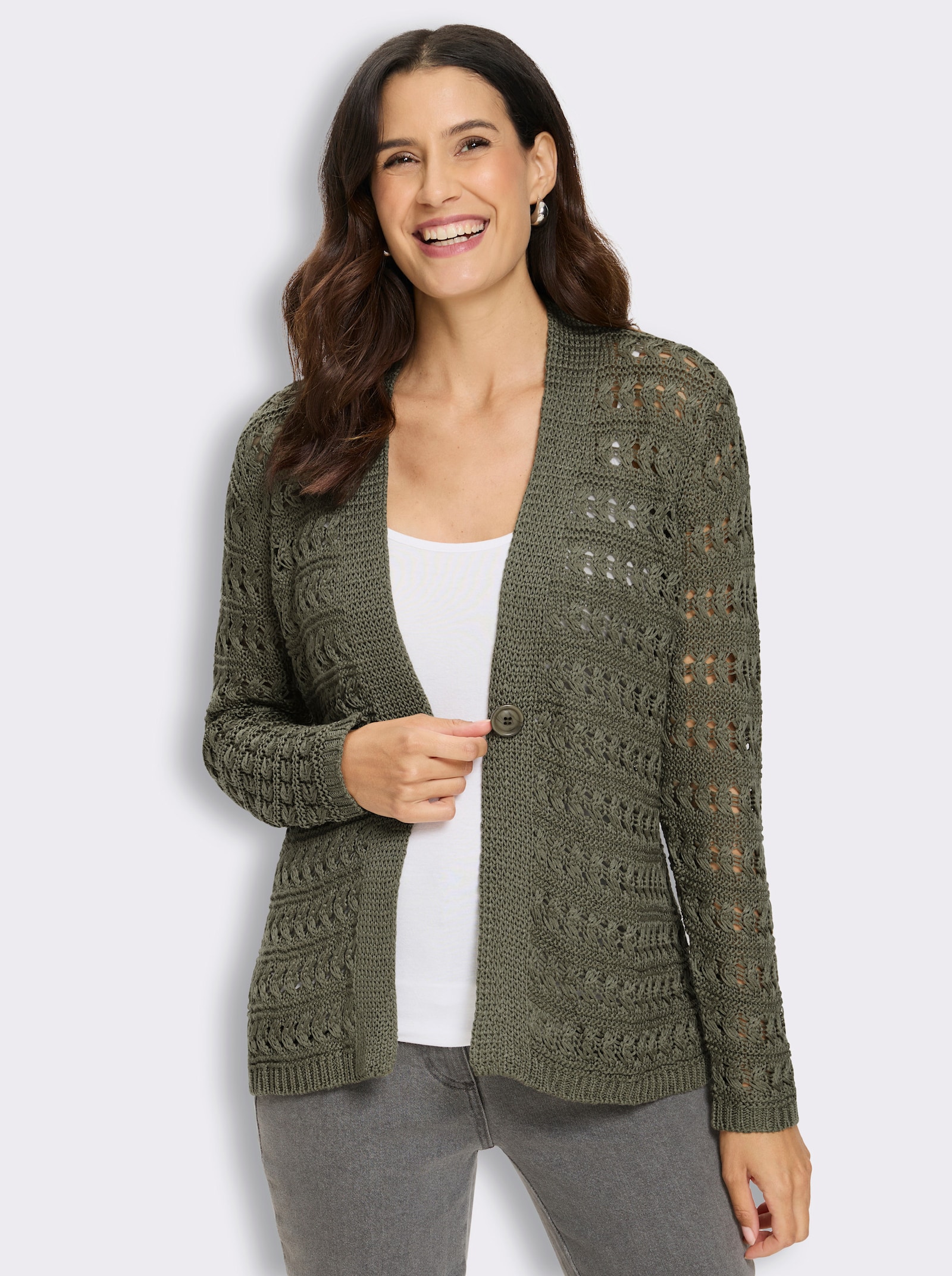Ajourstrickjacke aus Bändchengarn - khaki