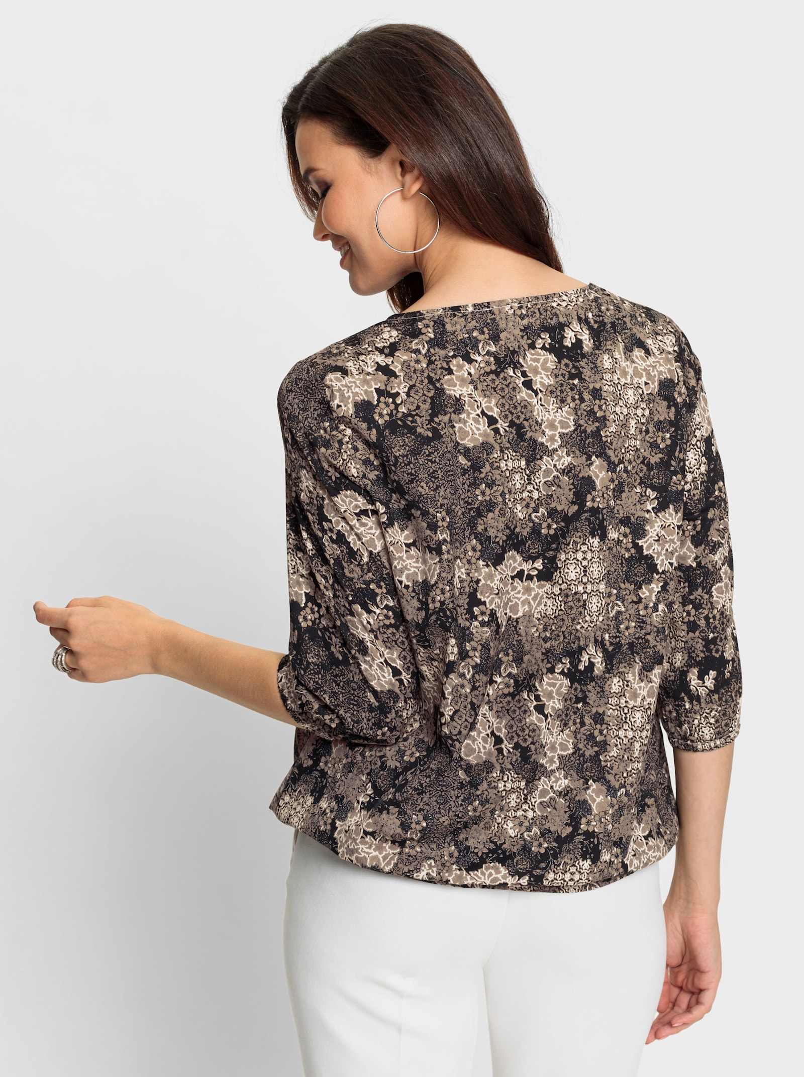 Druckbluse mit elastischen Abschlüssen - grau-ecru-bedruckt