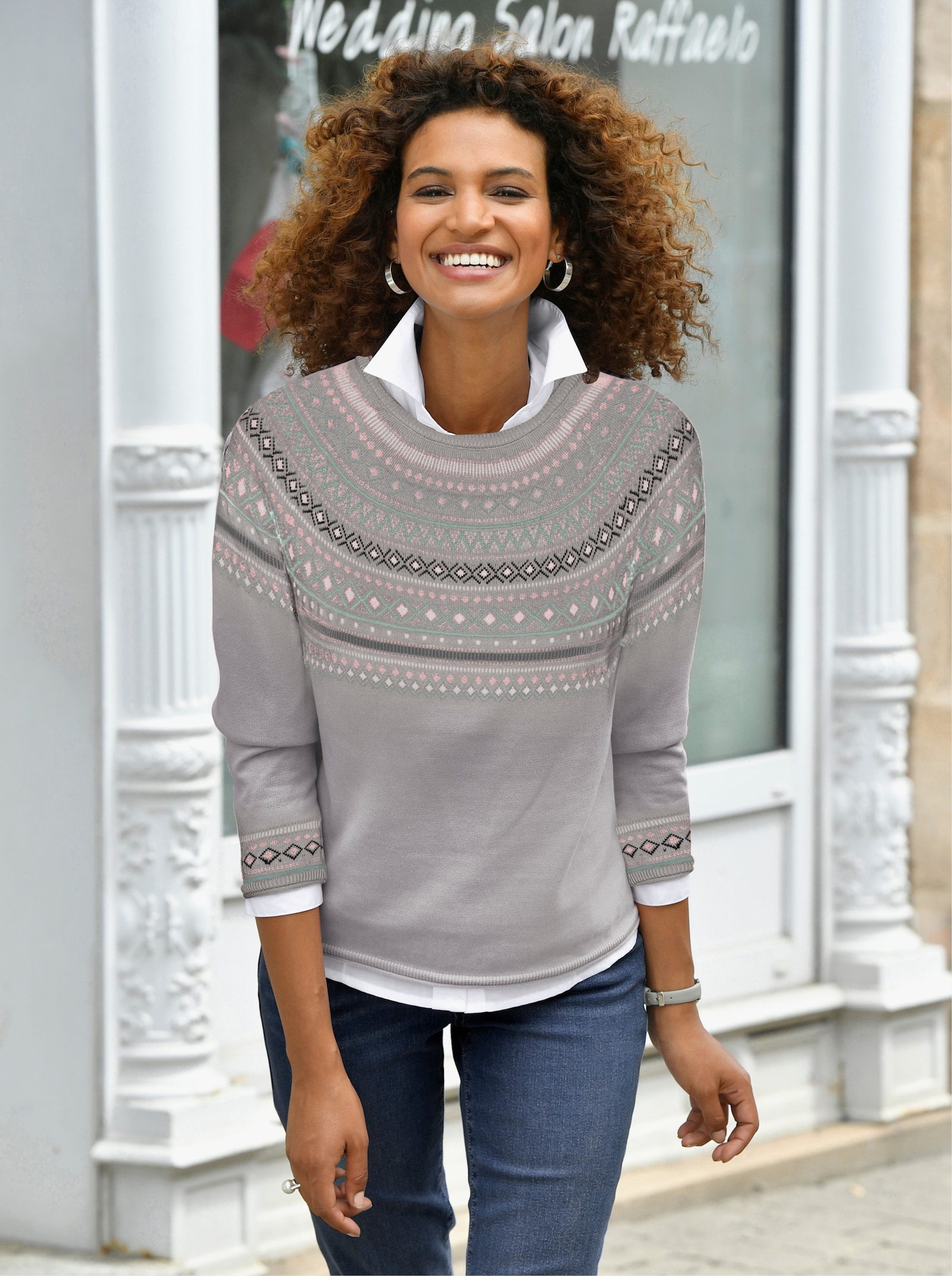 Norwegerpullover aus reiner Baumwolle - grau-meliert-gemustert