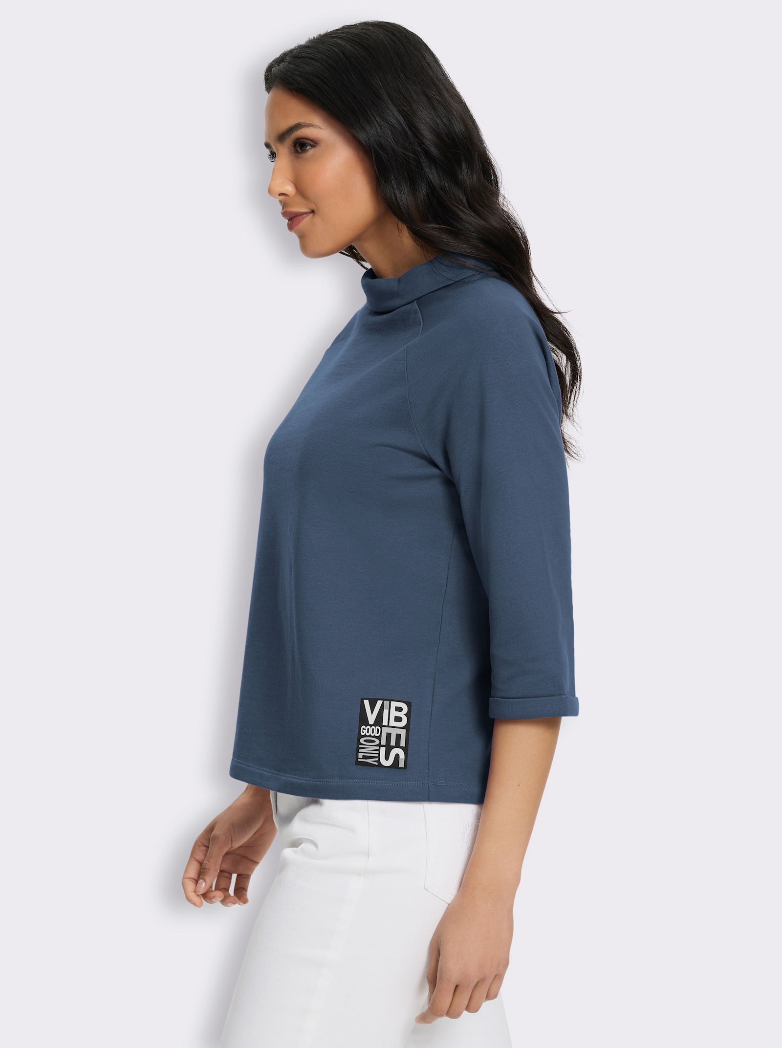 3/4-Arm-Shirt mit halsfernem Stehkragen - rauchblau