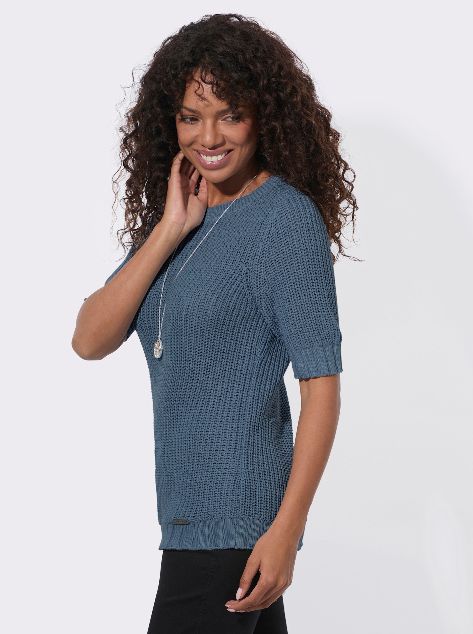 Kurzarmpullover mit Strickmuster - rauchblau