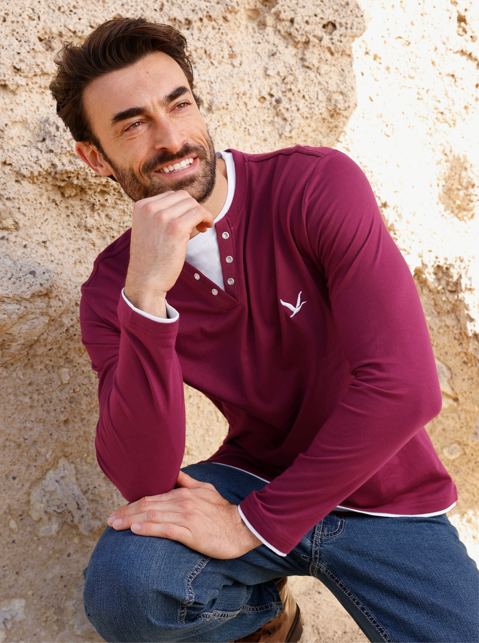 Catamaran Langarmshirt im Doppelpack - grau-meliert + bordeaux