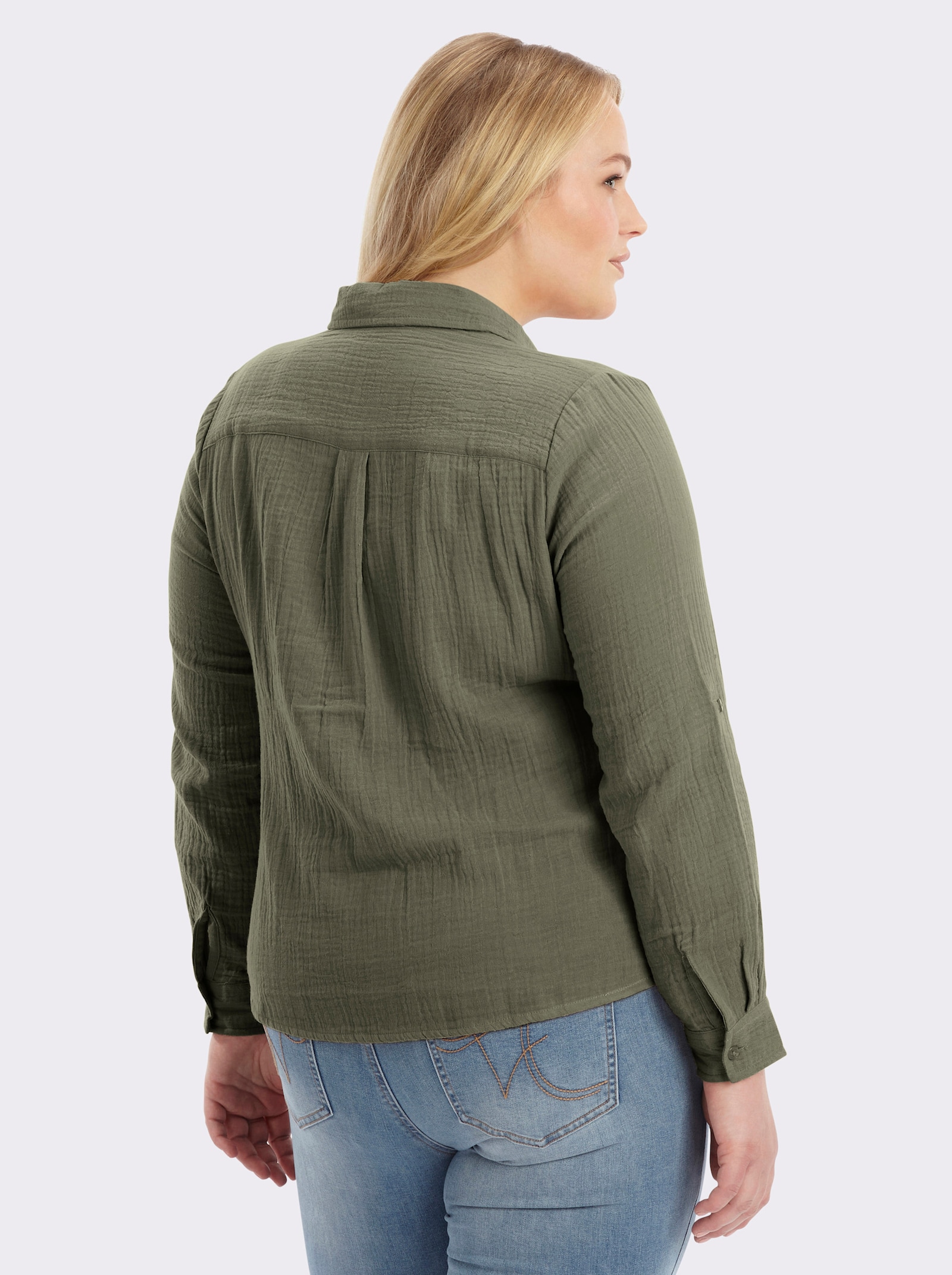 Baumwollbluse mit krempelbaren Ärmeln - khaki
