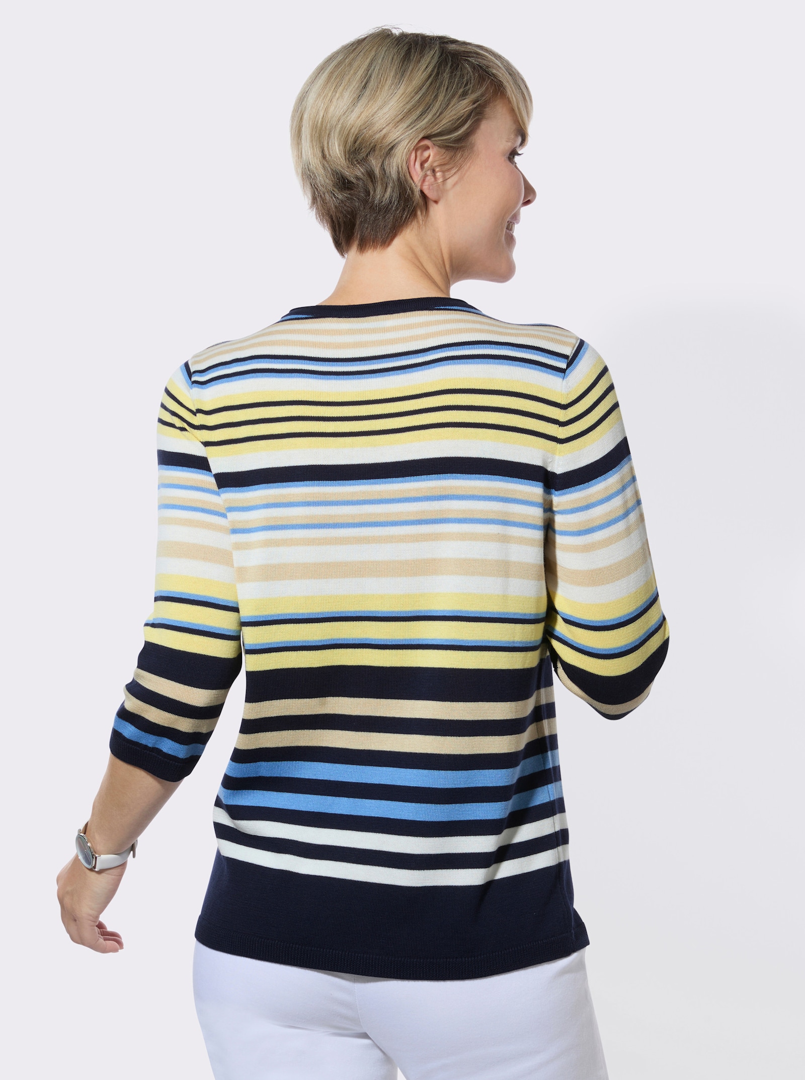 Rundhalspullover mit bunten Ringeln - zitrone-marine-geringelt