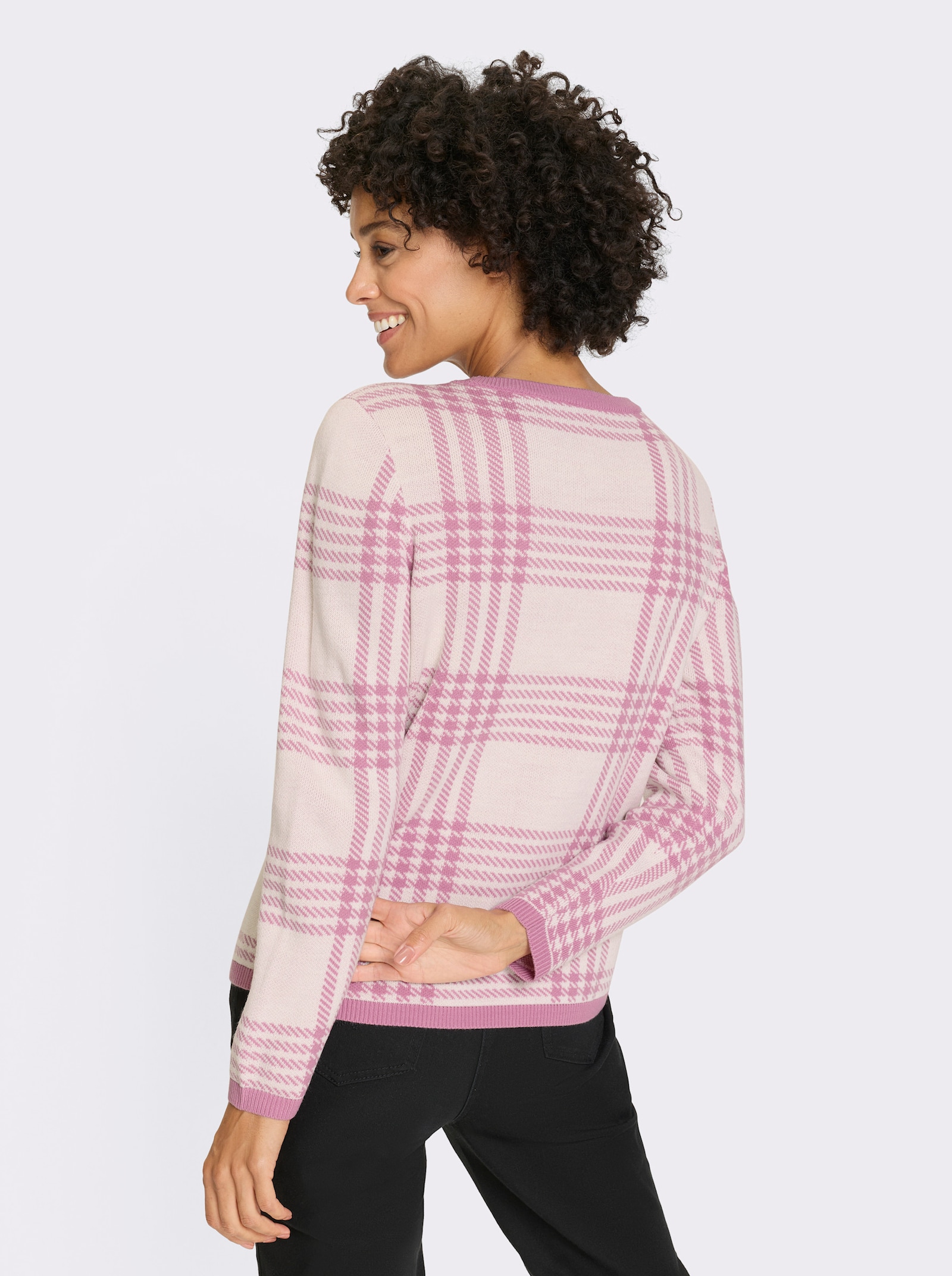 Rundhalspullover im Karo-Jacquardmuster - orchidee-ecru-gemustert