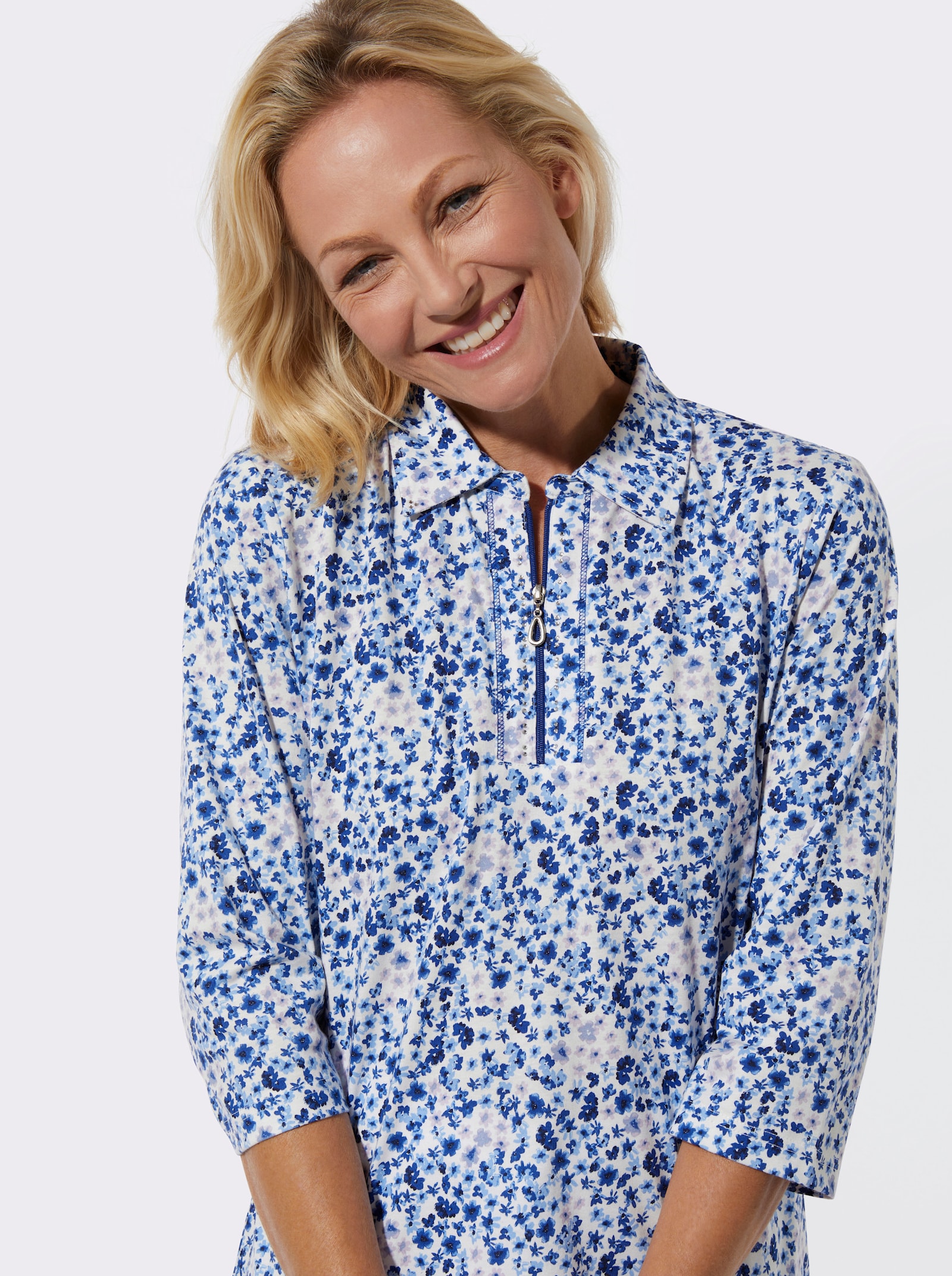 Poloshirt mit Glitzersteinchen - royalblau-ecru-bedruckt