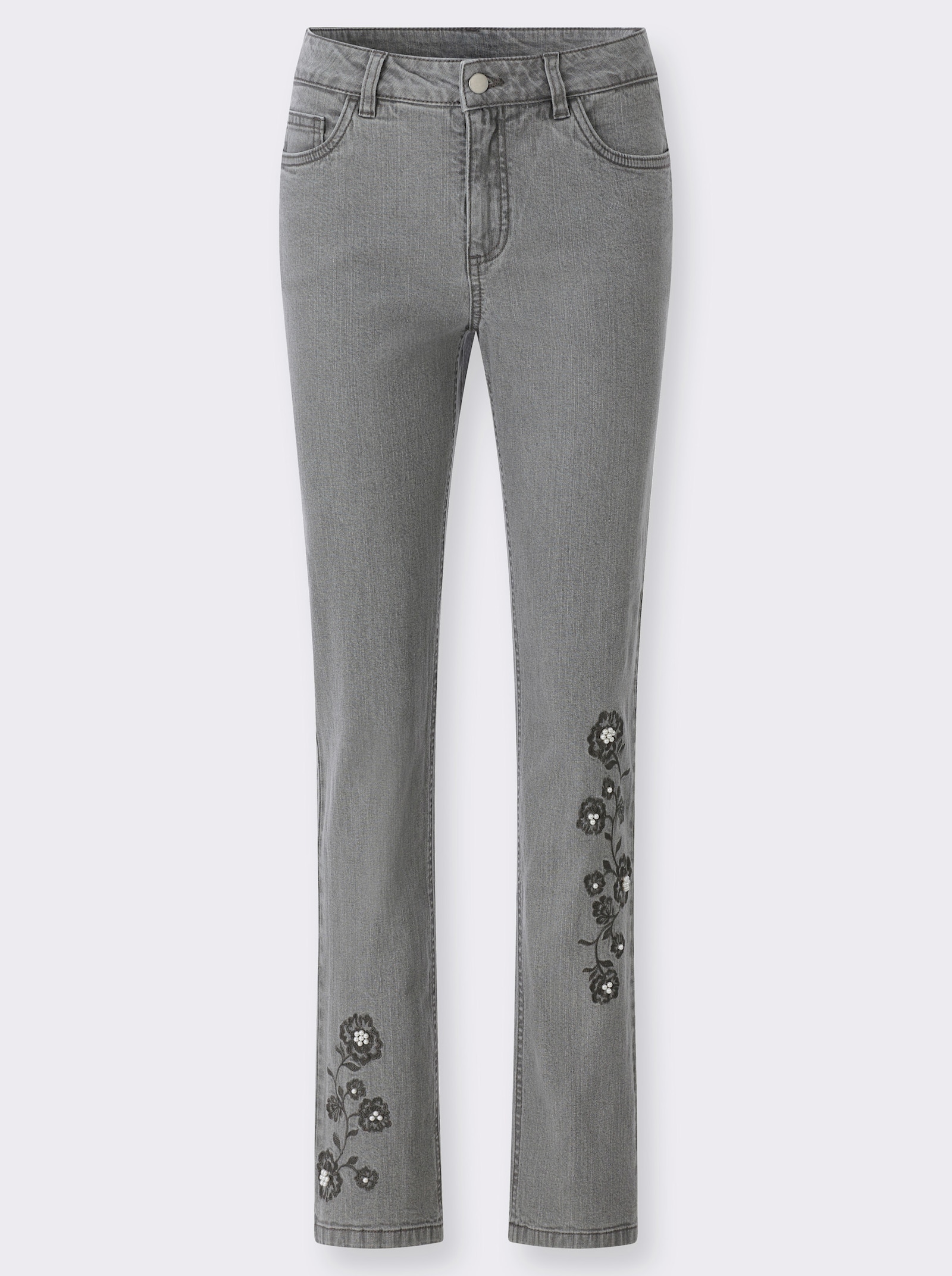 5-Pocket-Jeans mit floraler Stickerei - grey-denim
